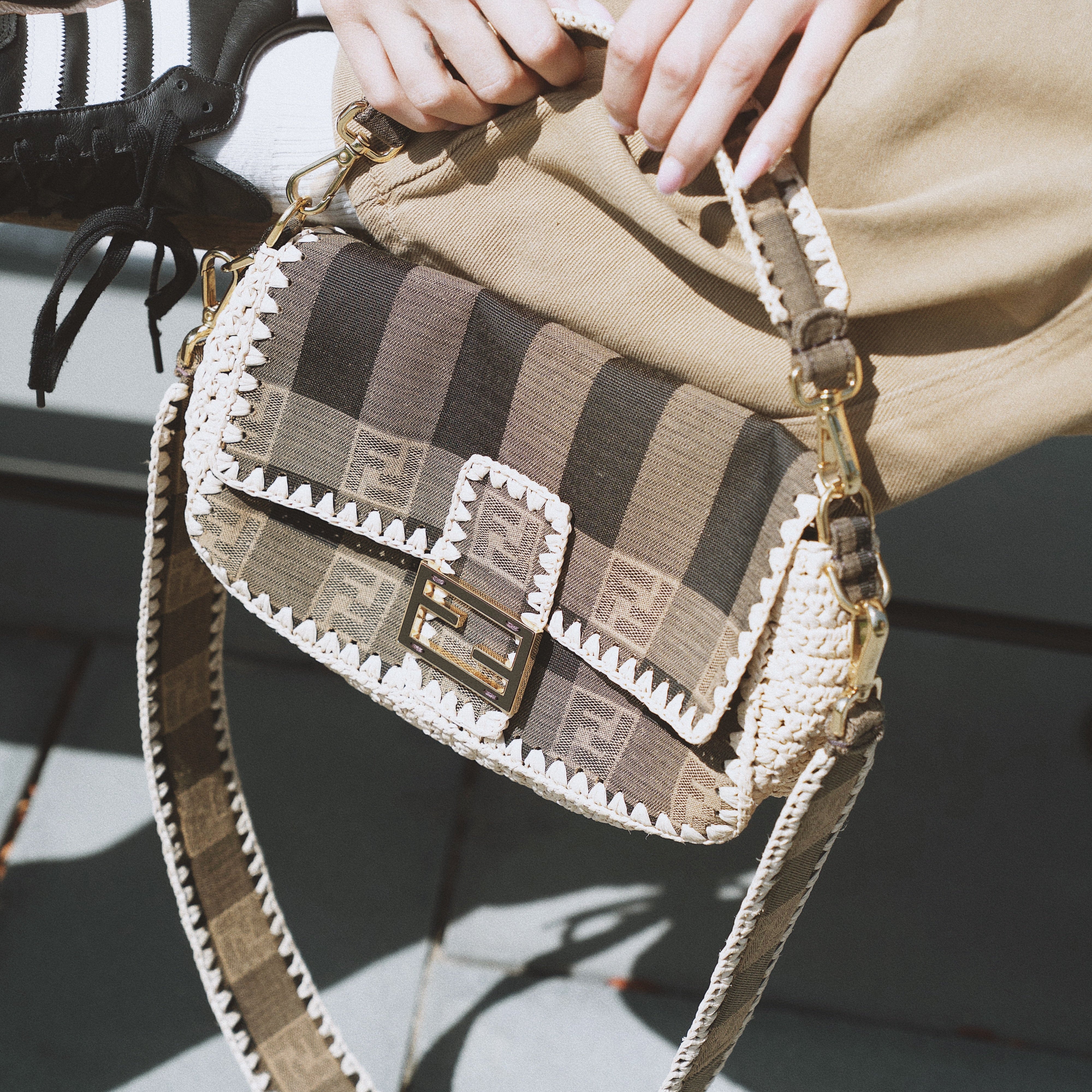 Fendi Baguette NM Pequin Canvas With Raffia Medium - Queen May