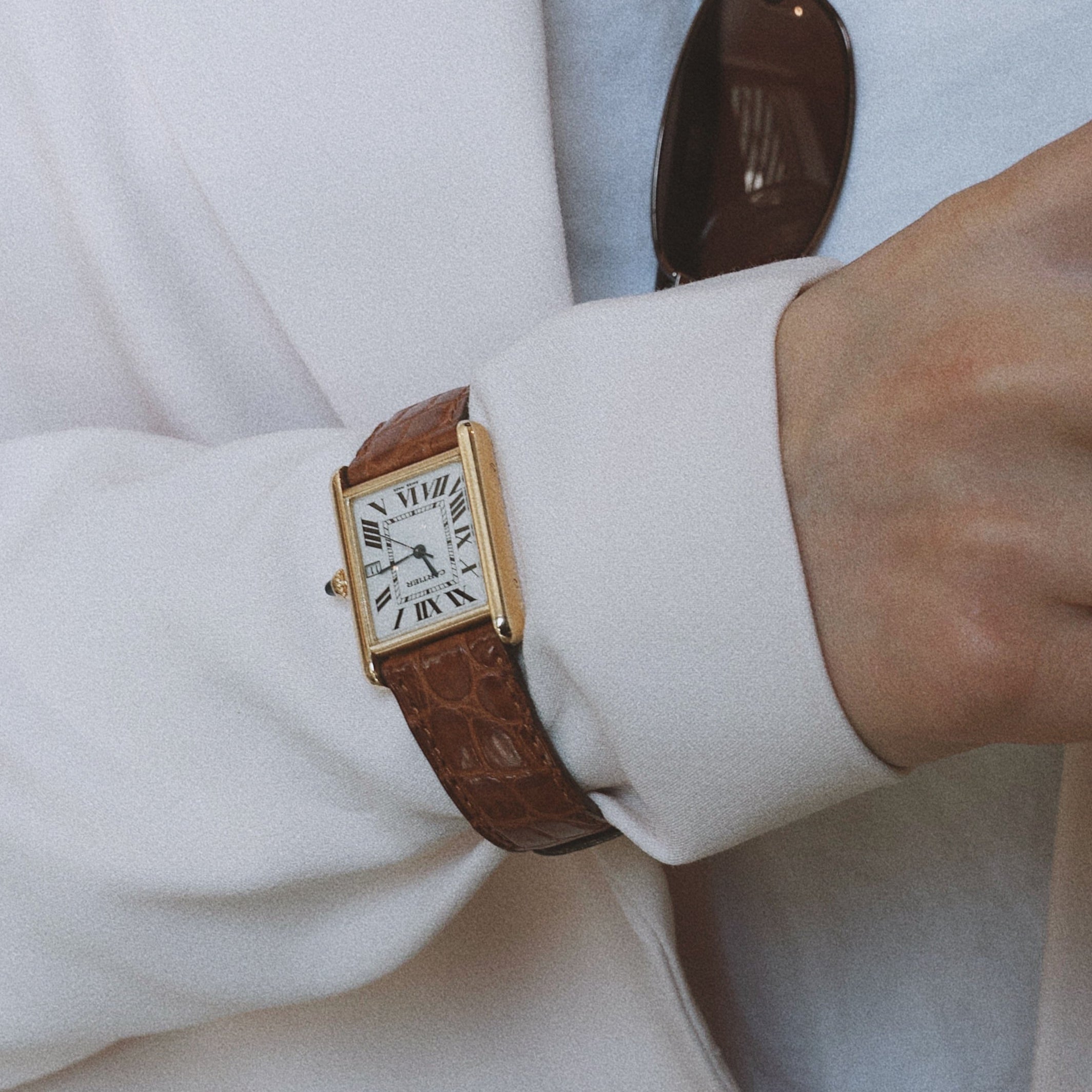 Cartier Tank Louis Cartier Model 2441 White Roman Numeral Dial Quartz 25MM 18K Yellow Gold Brown Leather Strap - Queen May