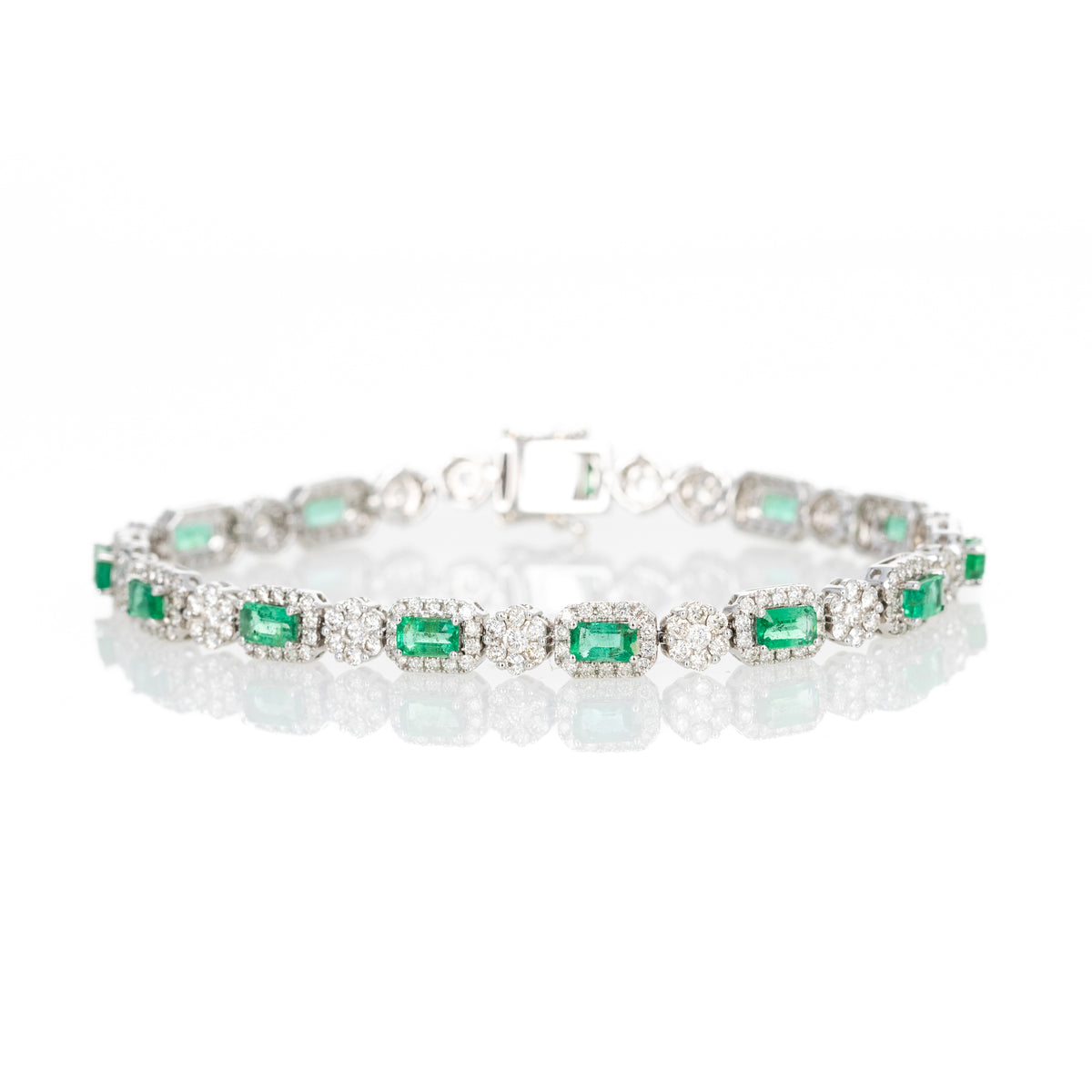 18K White Gold Natural Emerald Diamond Cluster Bracelet - Queen May