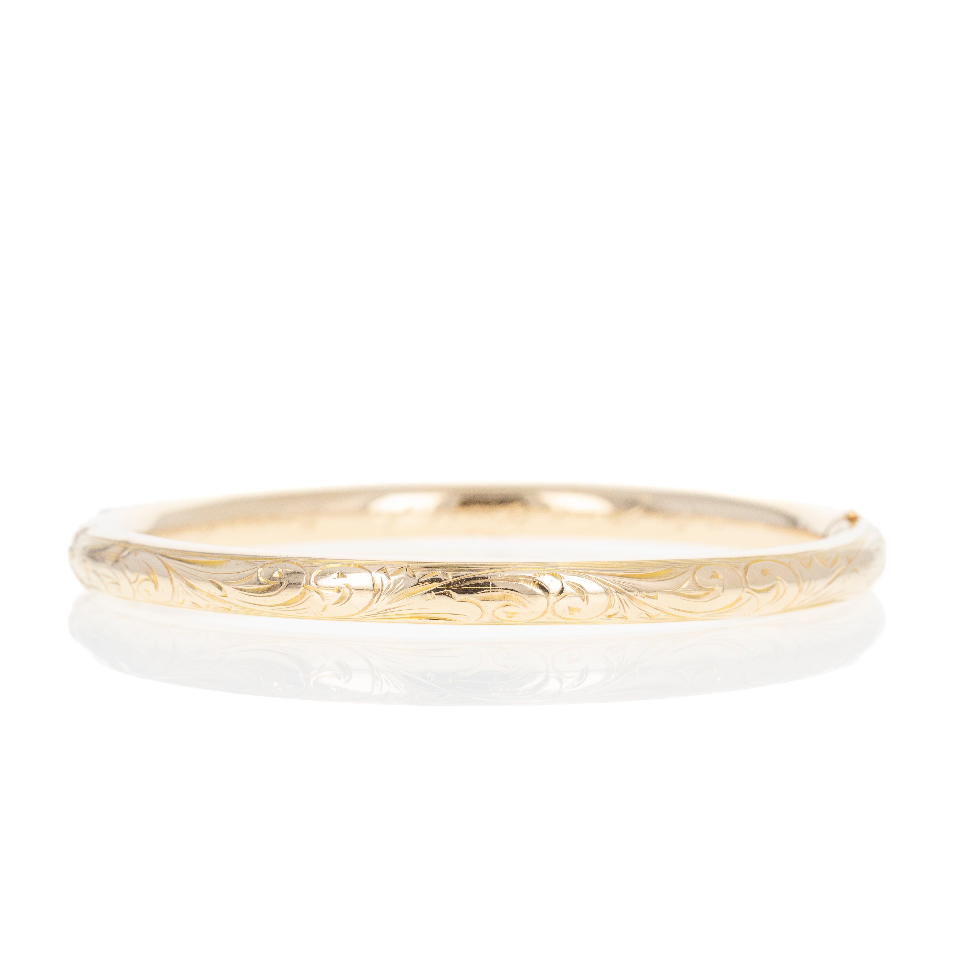 Victorian 10K Yellow Gold Acid Etched Engraved Filigree Bangle - Queen May