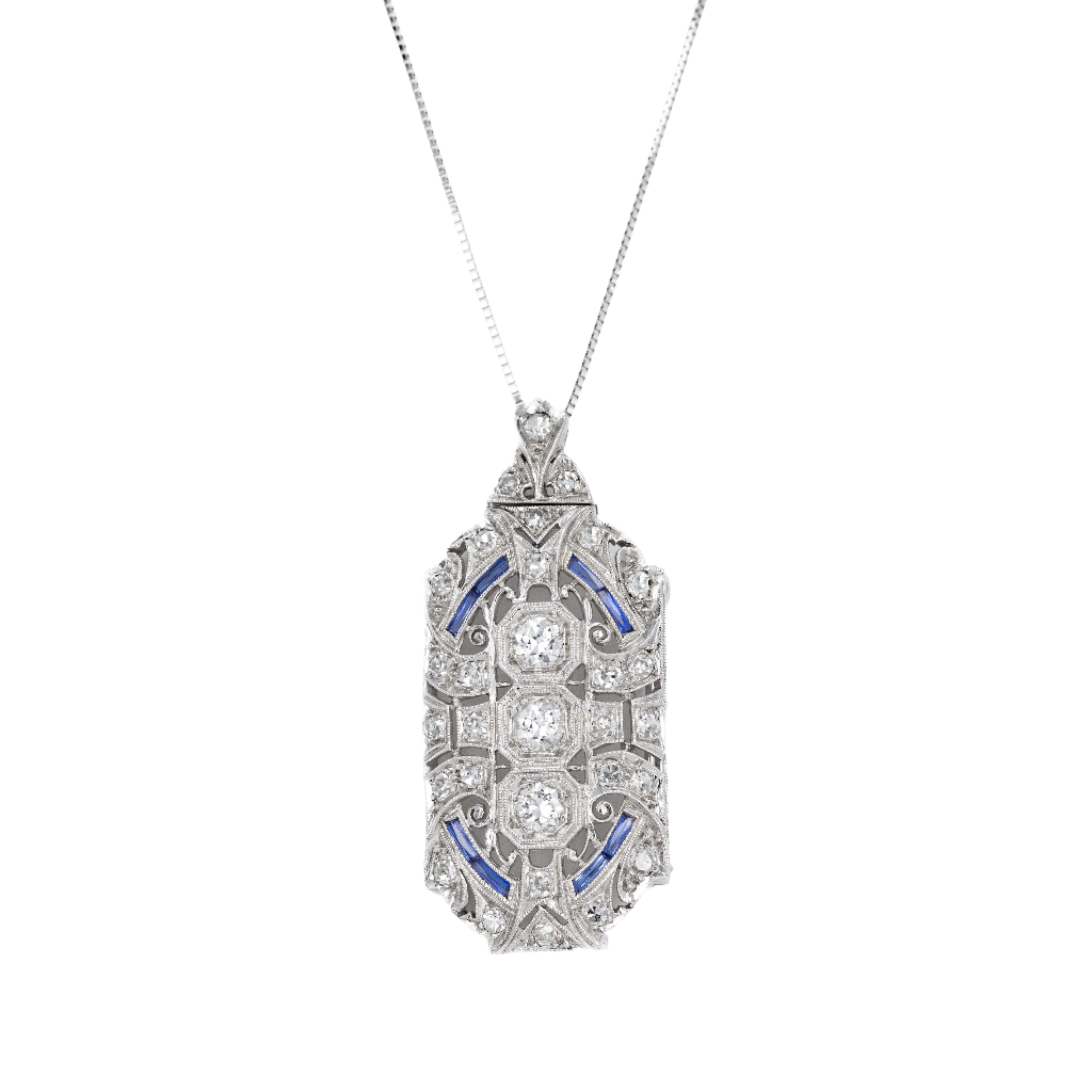 Art Deco Kobrin Bros. Platinum Diamond Synthetic Sapphire Brooch Pendant Conversion Necklace - Queen May