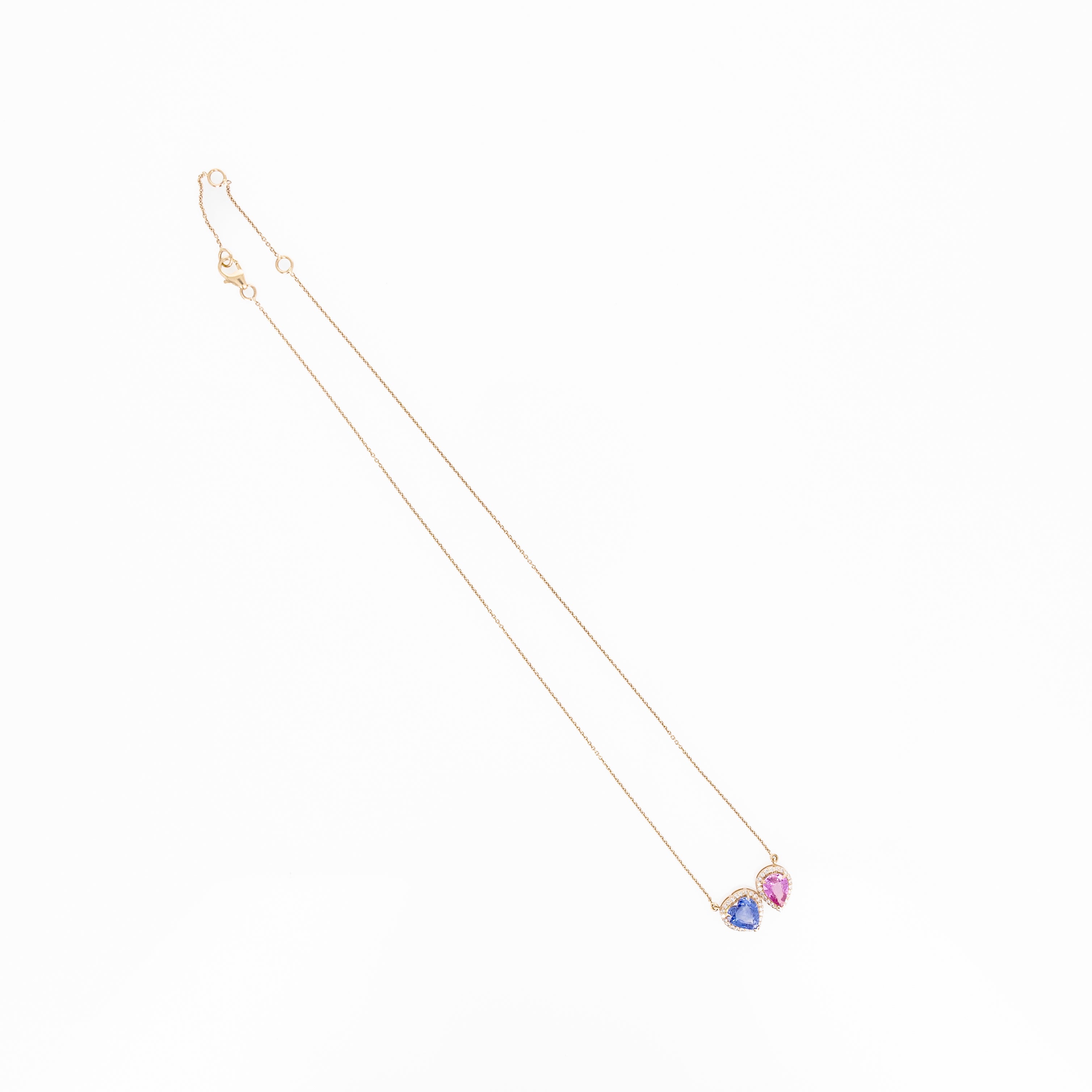 18K Rose Gold Blue Sapphire Pink Sapphire Heart Pear Two Stone Halo Necklace - Queen May