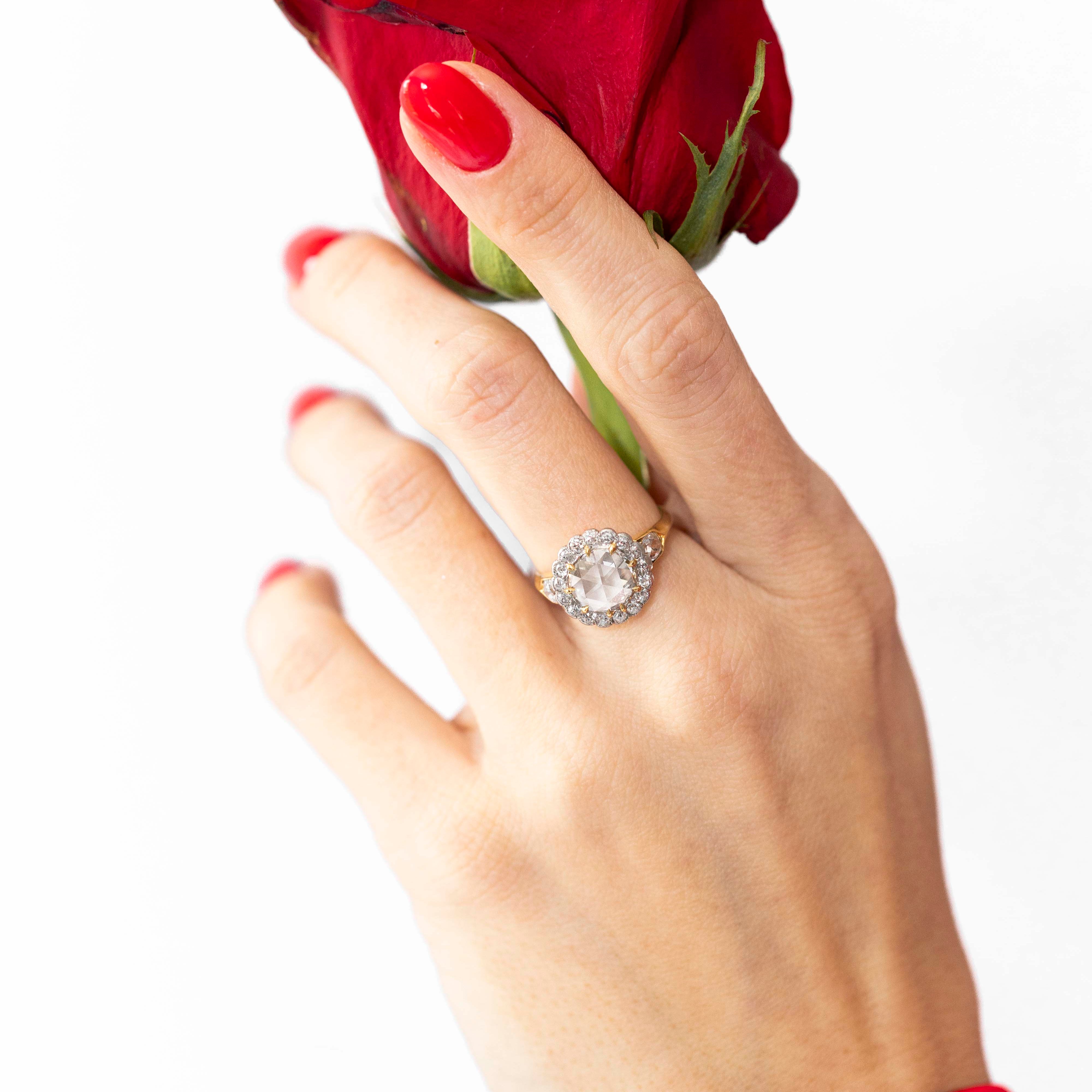 Victorian 14K and Platinum 1.50 Carat Rose Cut Diamond Halo Ring - Queen May