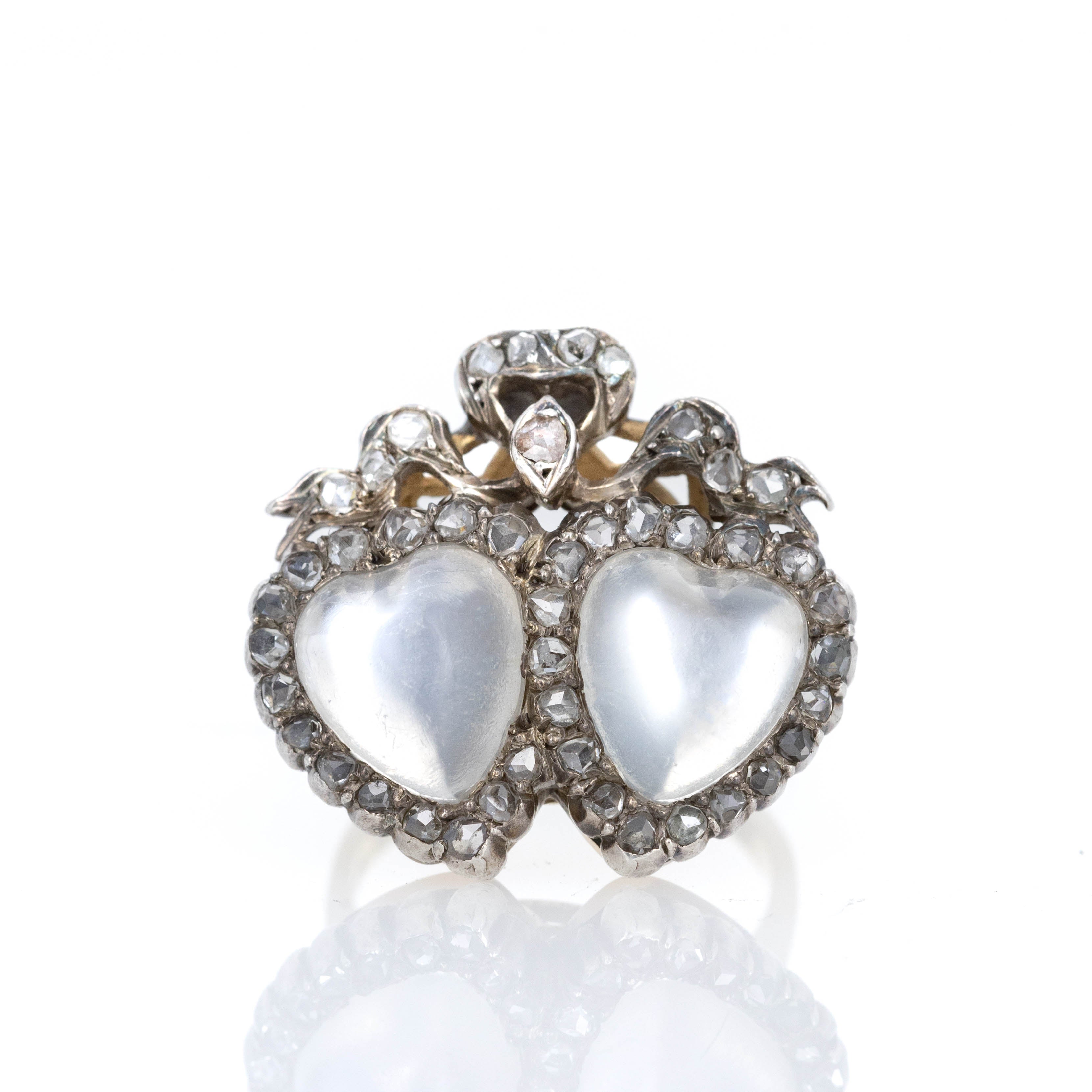 Victorian Twin Heart Shape Moonstone Rose Diamond Conversion Ring - Queen May