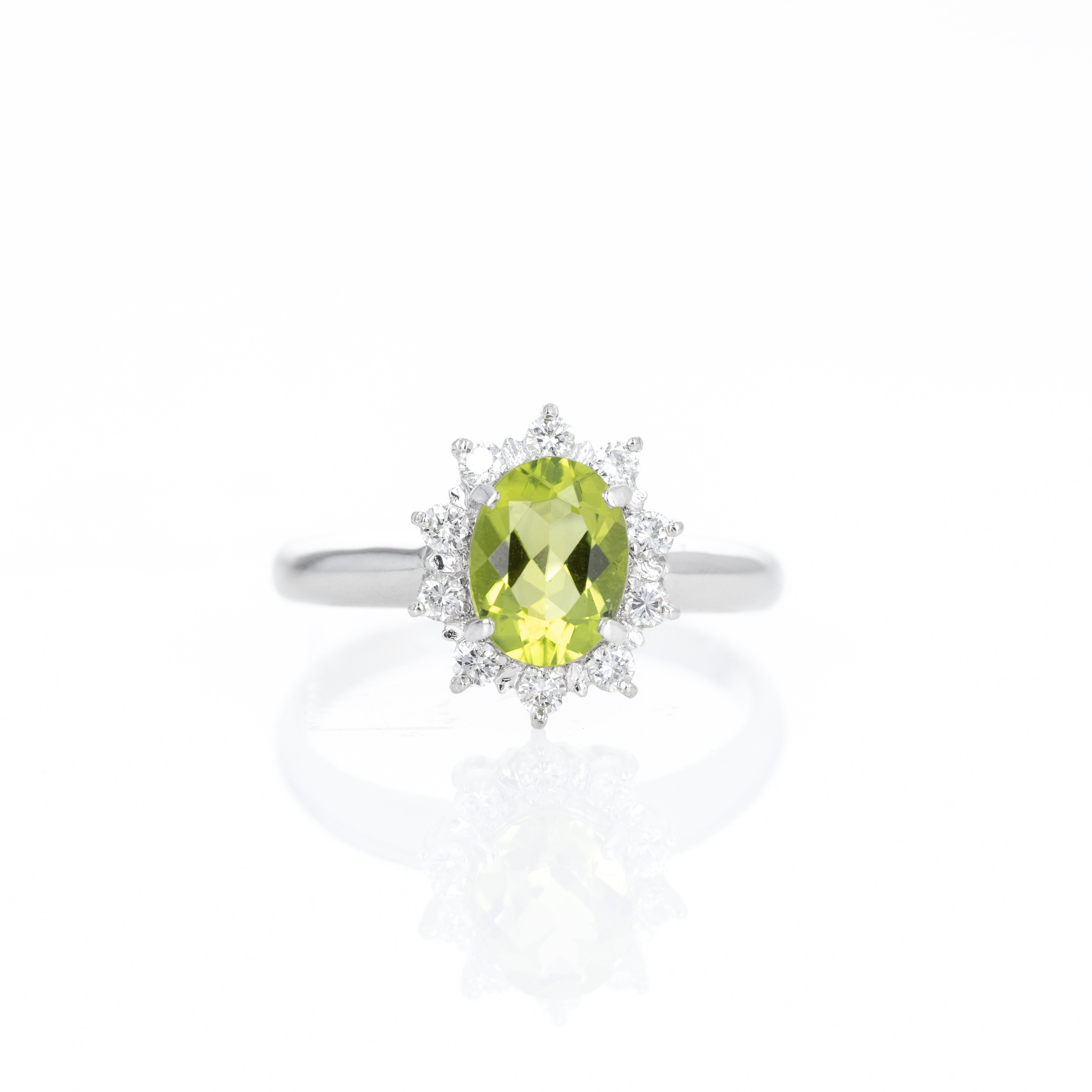 Platinum 1.32 Carat Peridot Diamond Halo Ring - Queen May