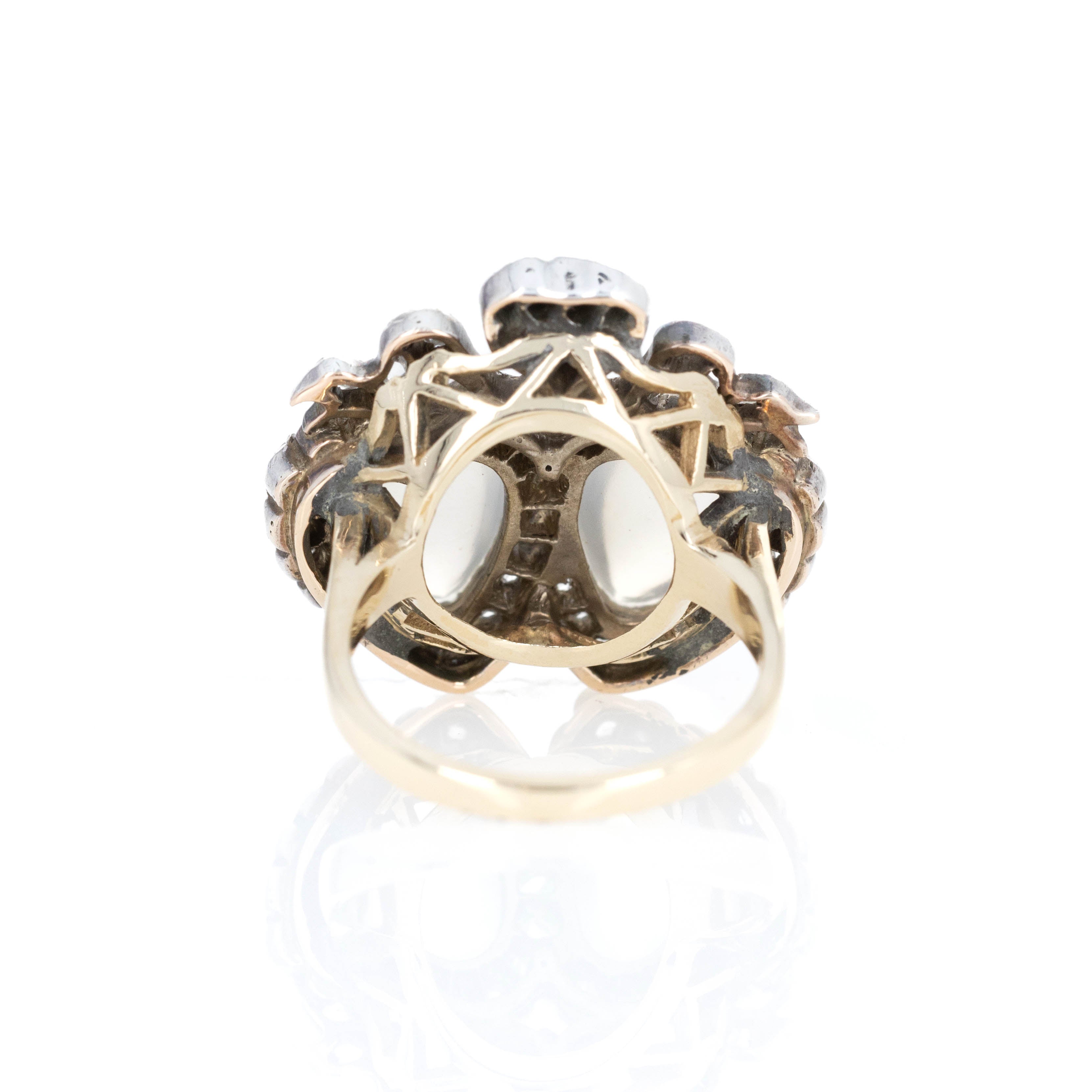 Victorian Twin Heart Shape Moonstone Rose Diamond Conversion Ring - Queen May