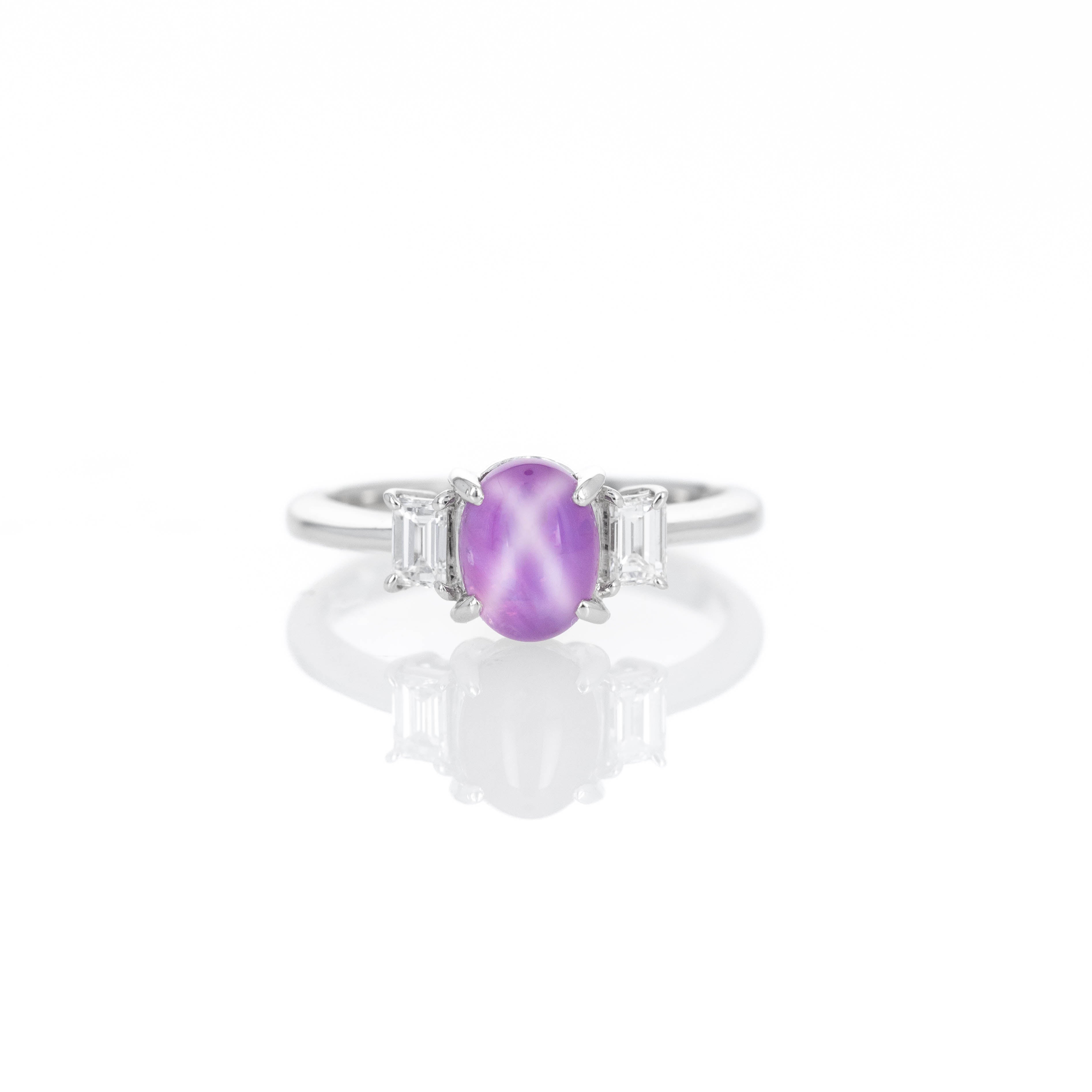 Platinum 2.17 Carat Star Ruby Emerald Cut Diamond Three Stone Ring - Queen May