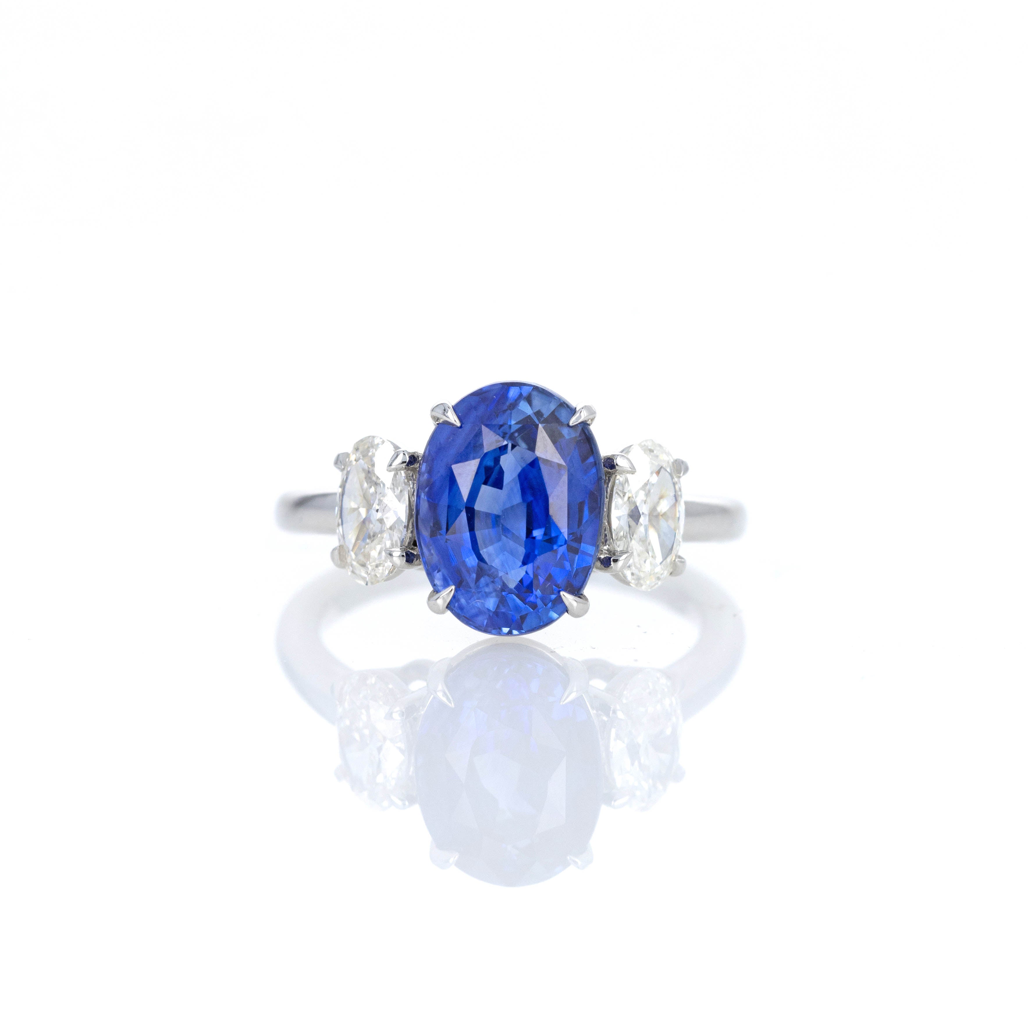Platinum 5.12 Carat Oval Natural Sapphire Oval Diamond Three Stone Ring - Queen May