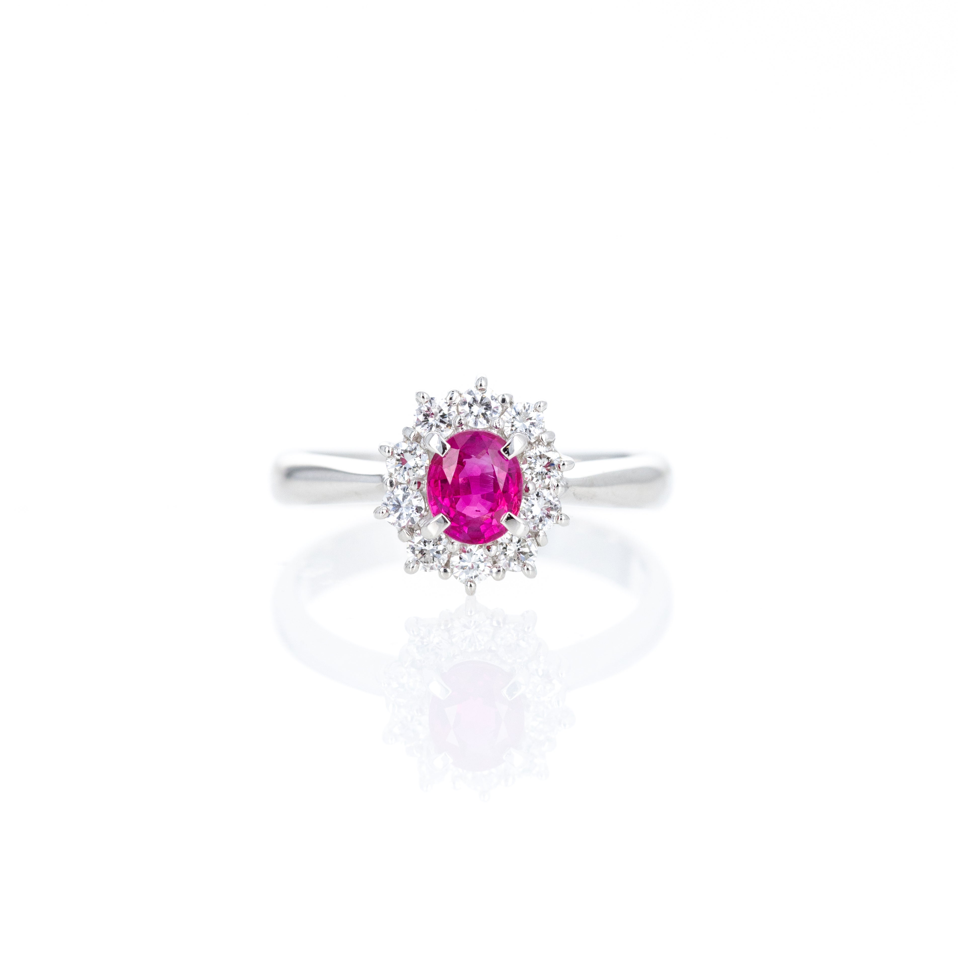 Platinum 0.67 Carat Oval Ruby Diamond Halo Ring - Queen May