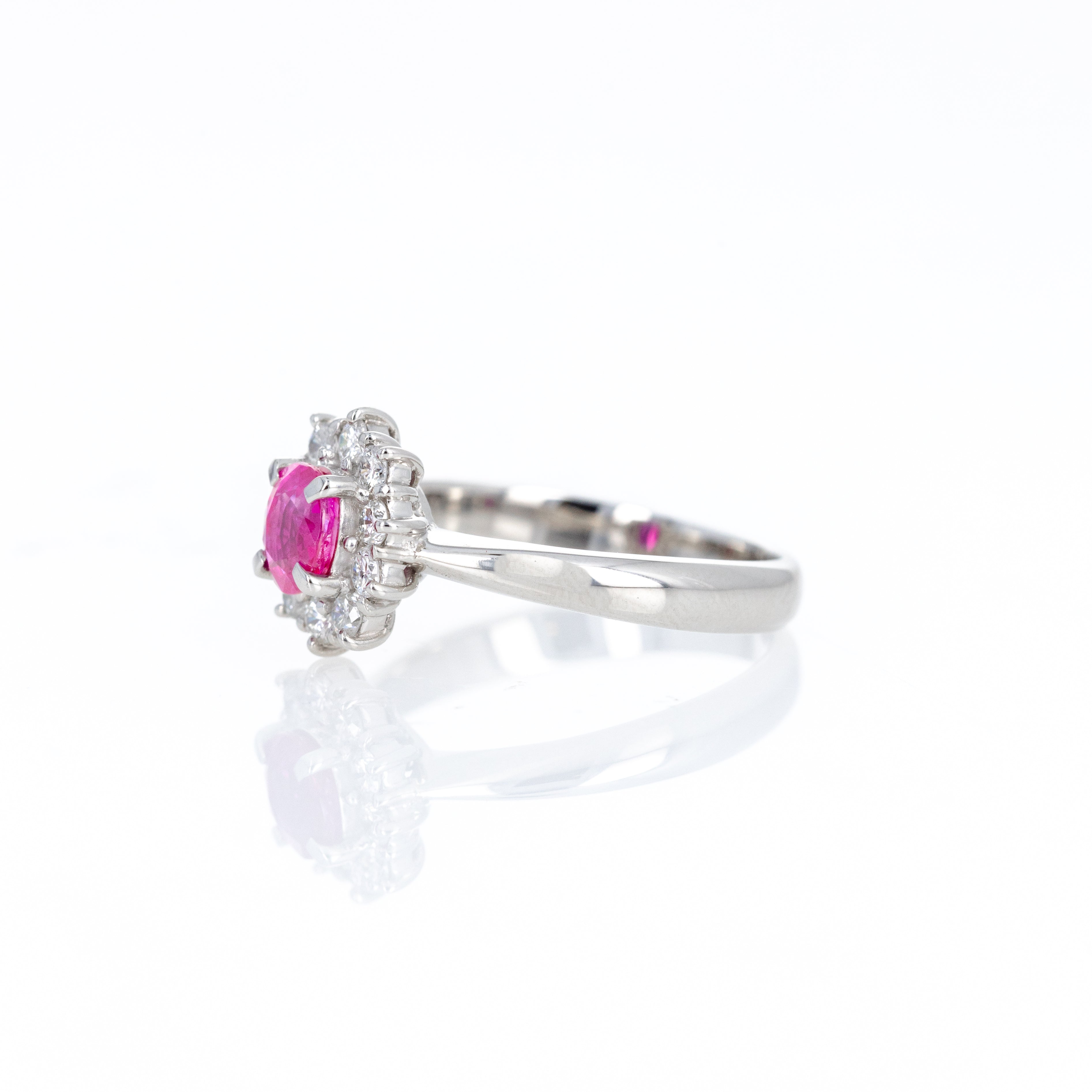 Platinum 0.67 Carat Oval Ruby Diamond Halo Ring - Queen May