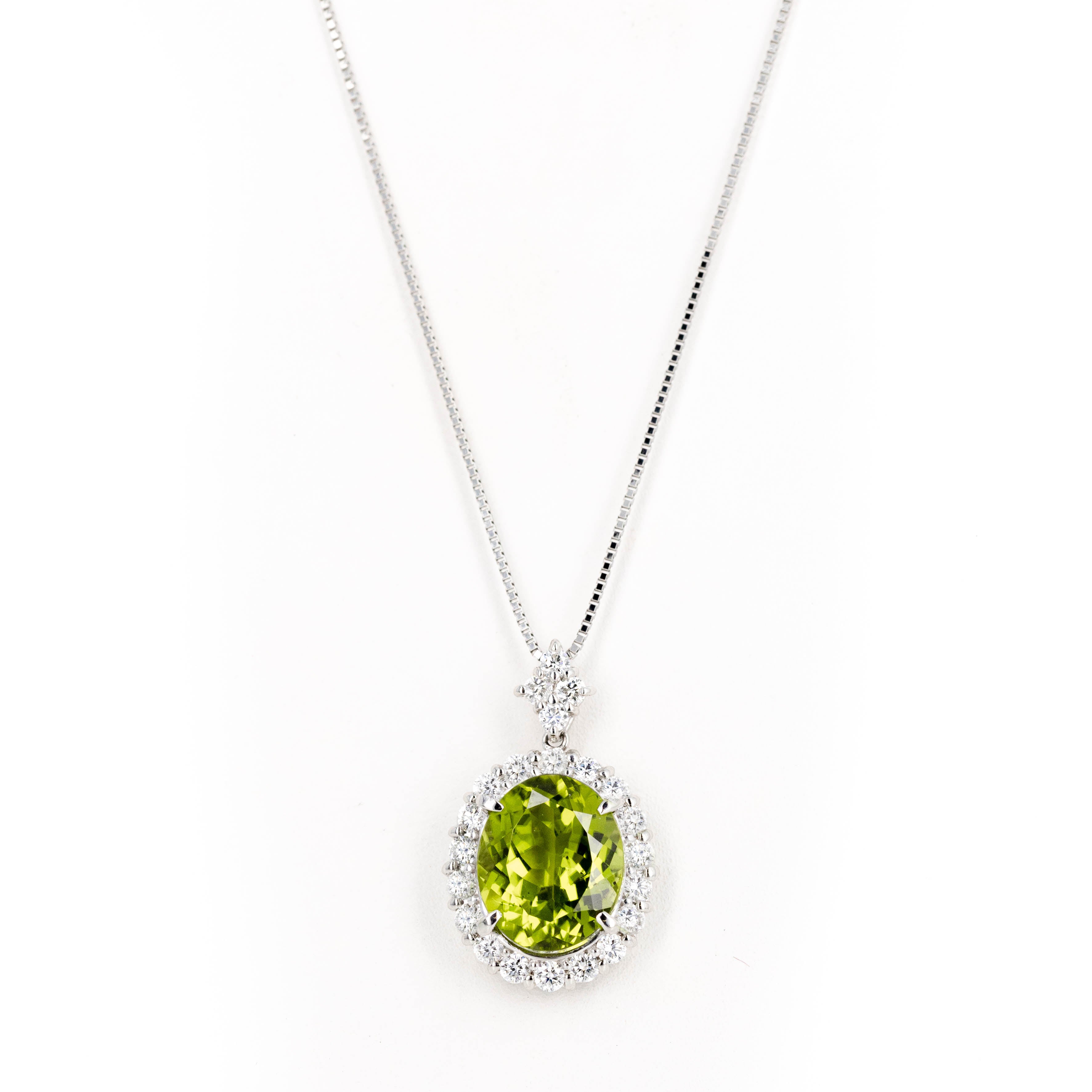 Platinum 5.10 Carat Peridot Diamond Halo Pendant Necklace - Queen May