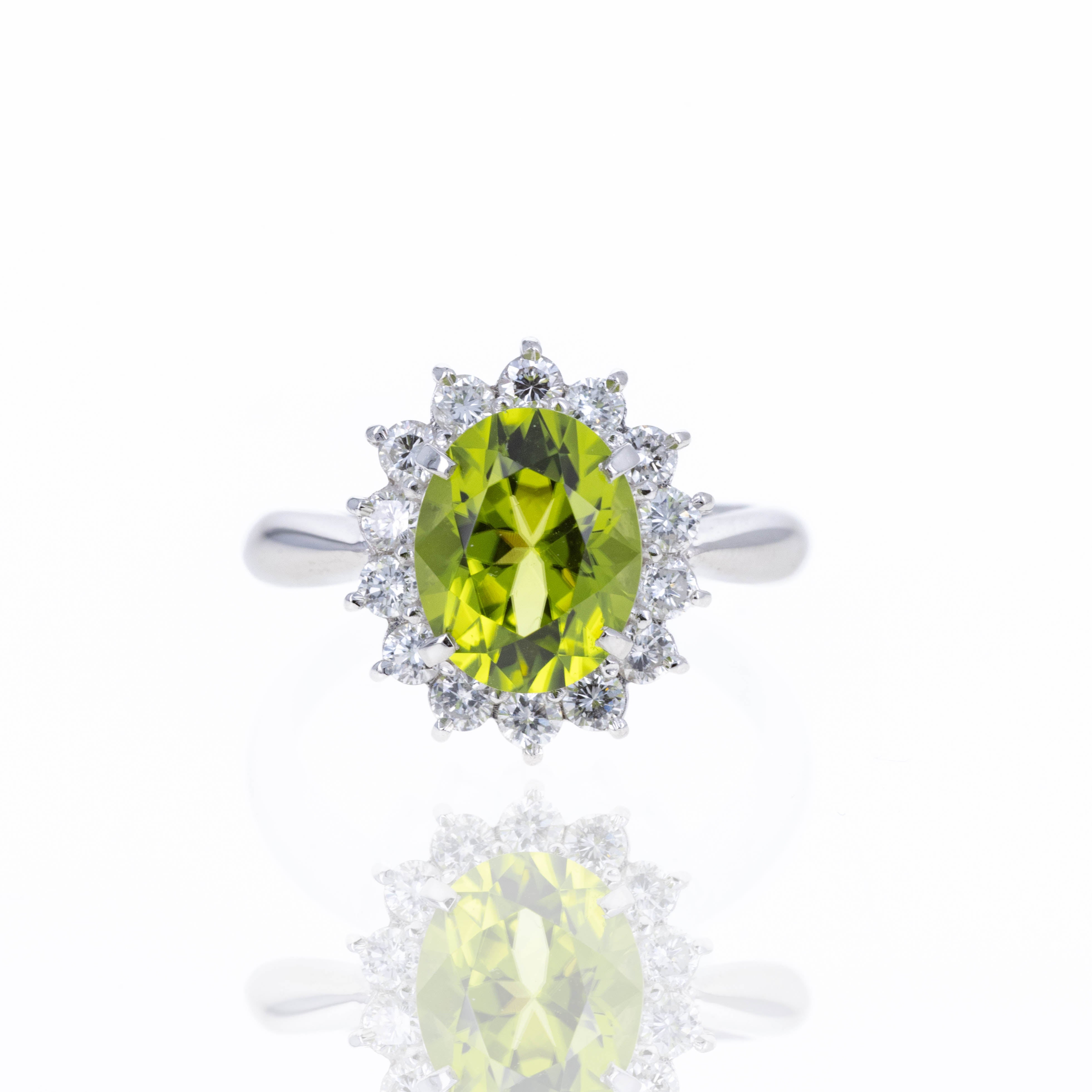 Platinum 2.98 Carat Peridot Diamond Halo Floral Ring - Queen May