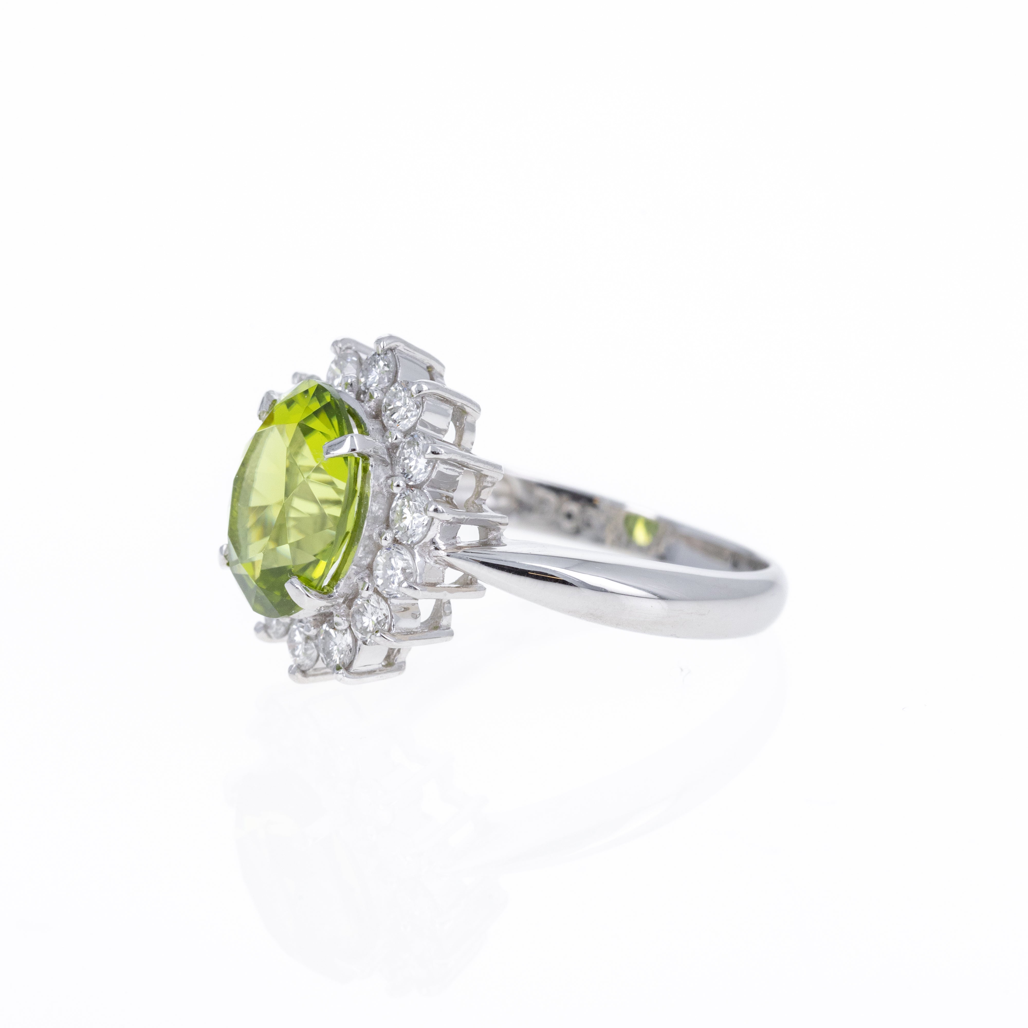 Platinum 2.98 Carat Peridot Diamond Halo Floral Ring - Queen May