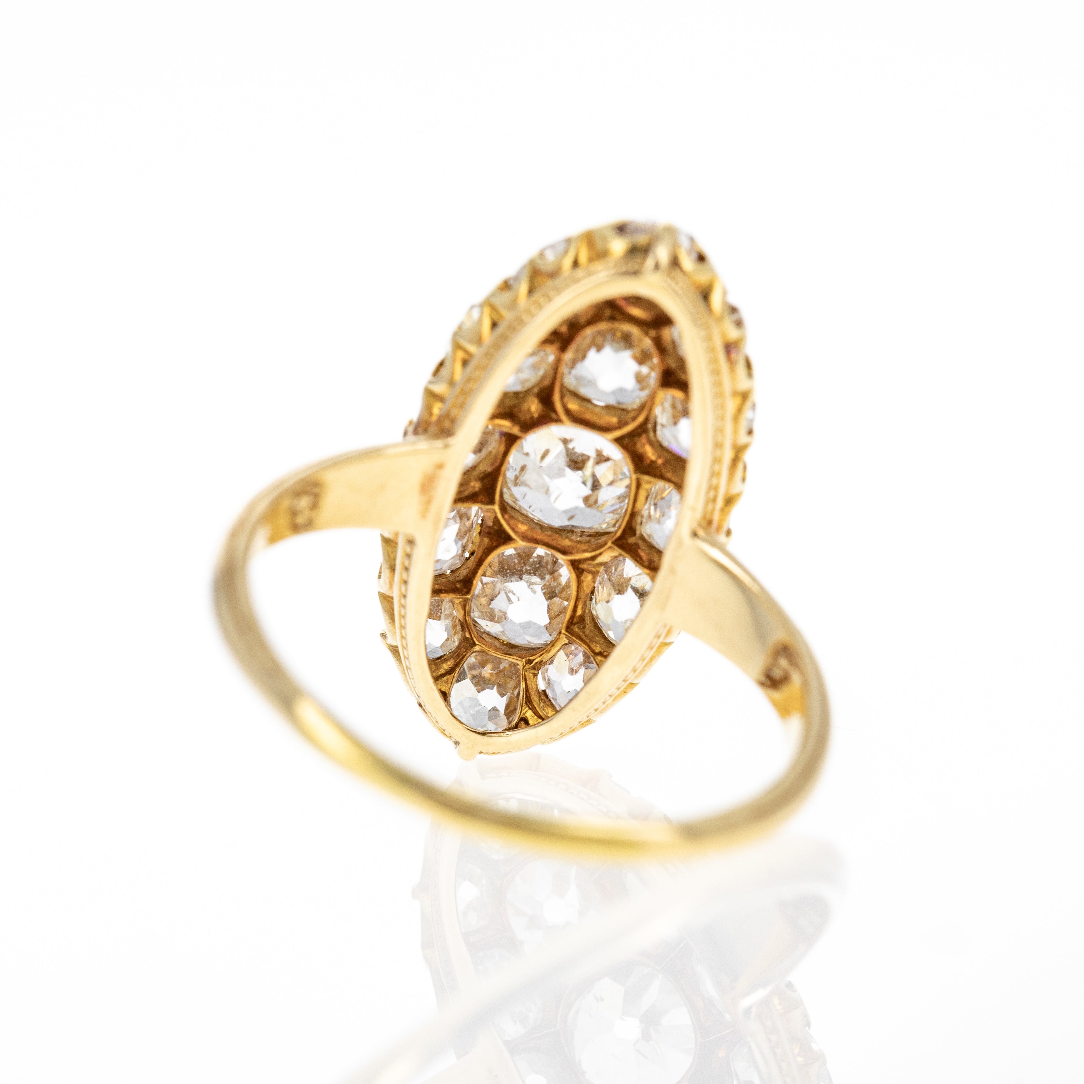 Victorian 18K Yellow Gold 3.55 Carat Old Mine Cut Diamond Navette Ring - Queen May