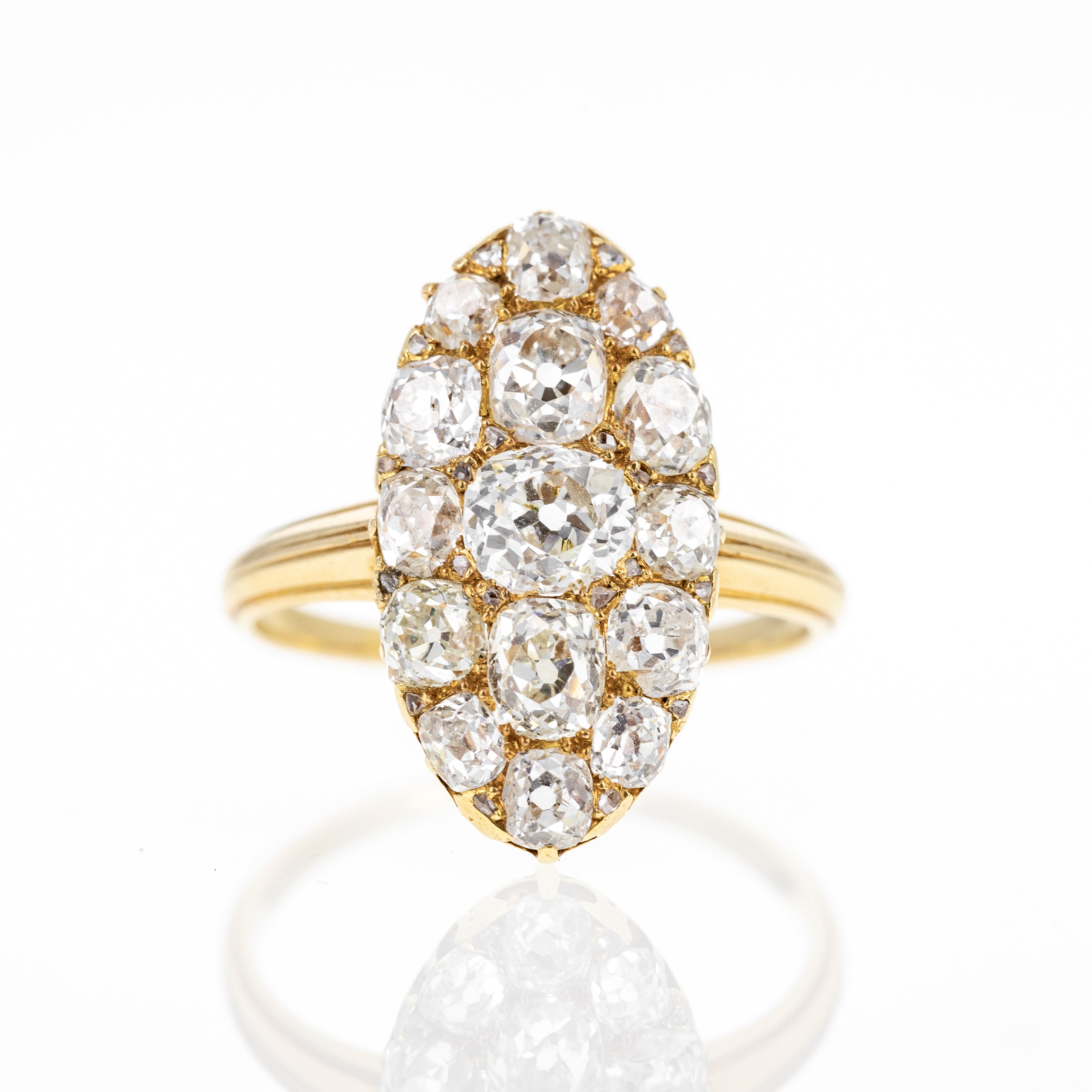 Victorian 18K Yellow Gold 3.55 Carat Old Mine Cut Diamond Navette Ring - Queen May