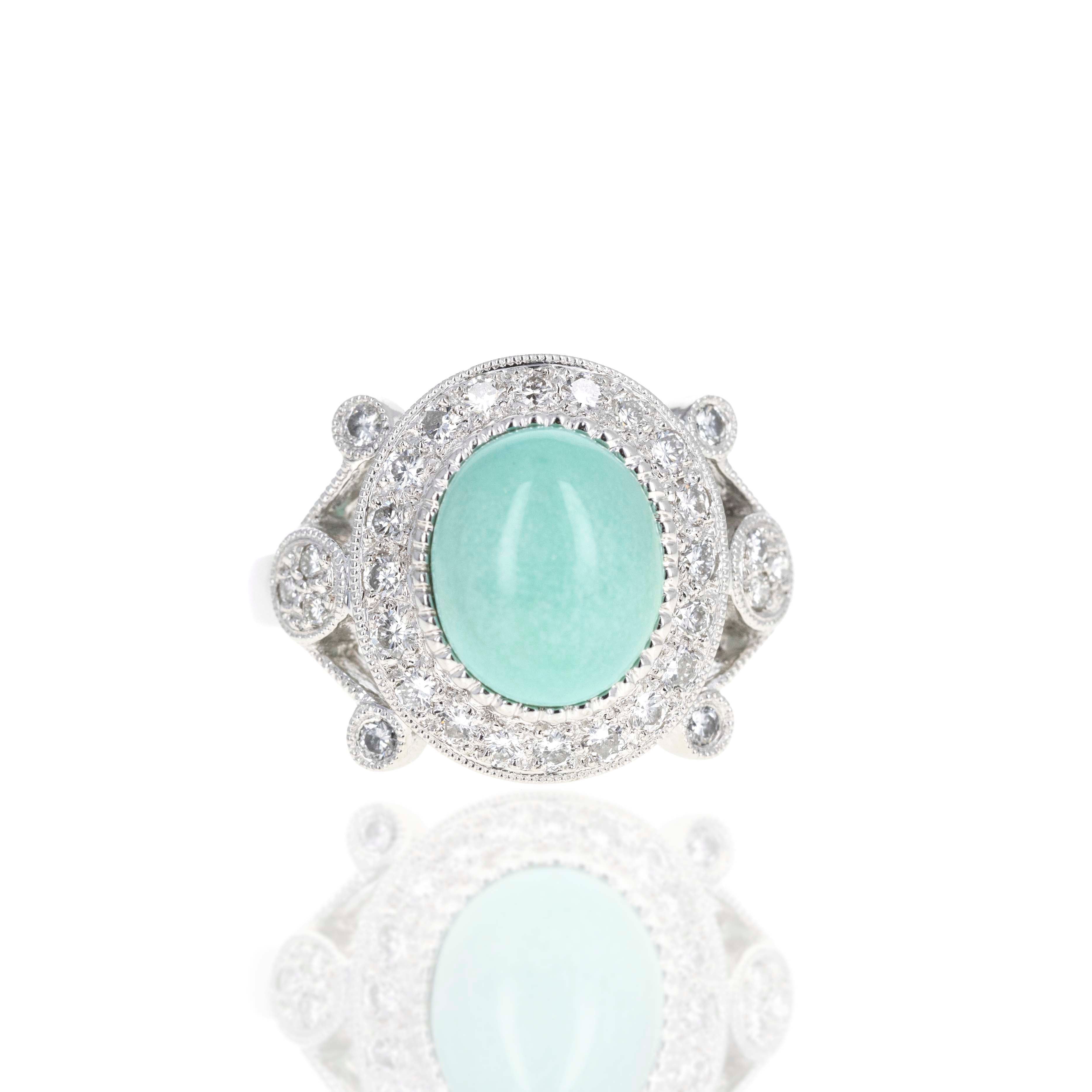 Platinum 3 Carat Cabochon Turquoise Diamond Halo Ring - Queen May