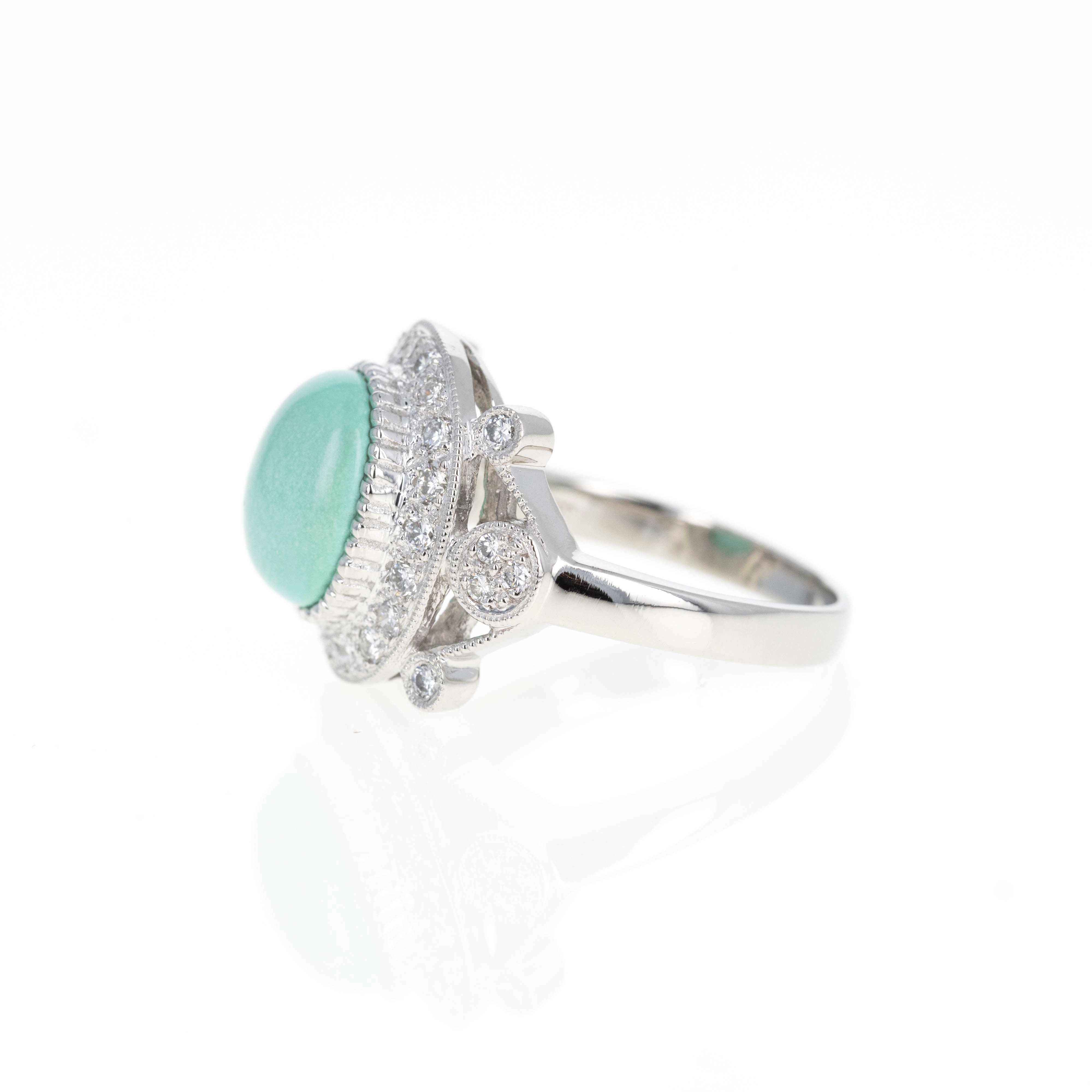 Platinum 3 Carat Cabochon Turquoise Diamond Halo Ring - Queen May