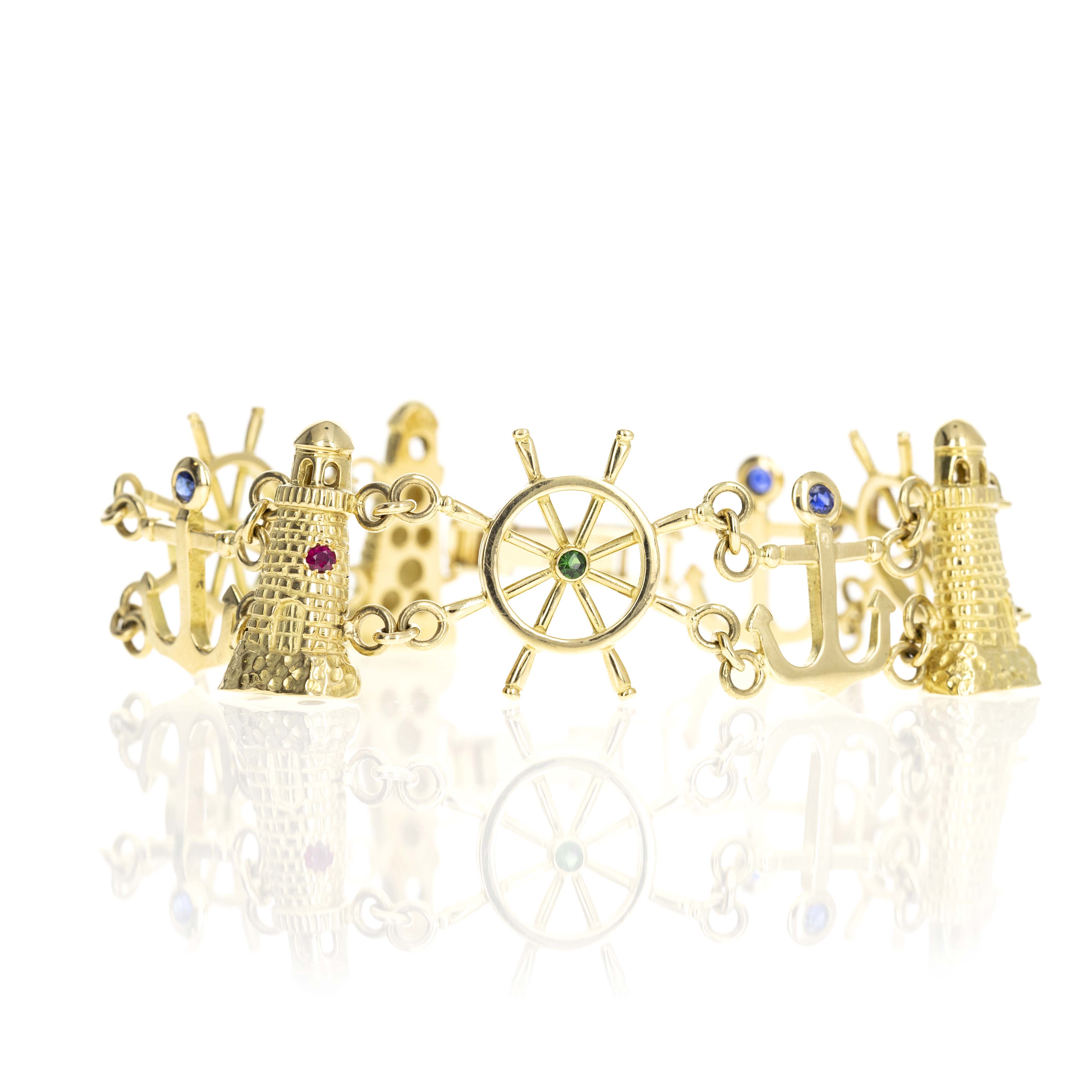 Vintage 18K Multicolor Gemstone Nautical Charm Bracelet - Queen May