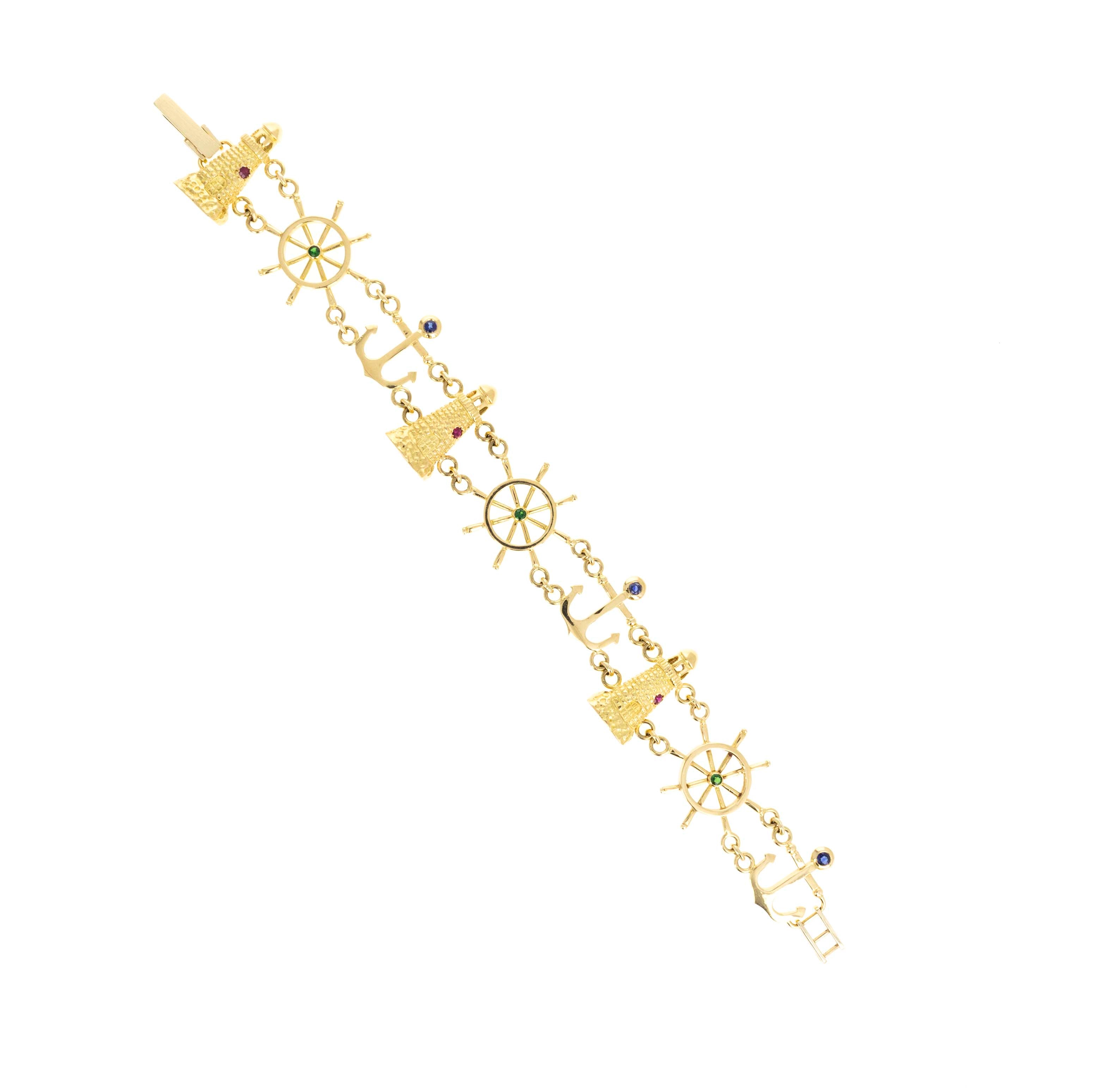 Vintage 18K Multicolor Gemstone Nautical Charm Bracelet - Queen May