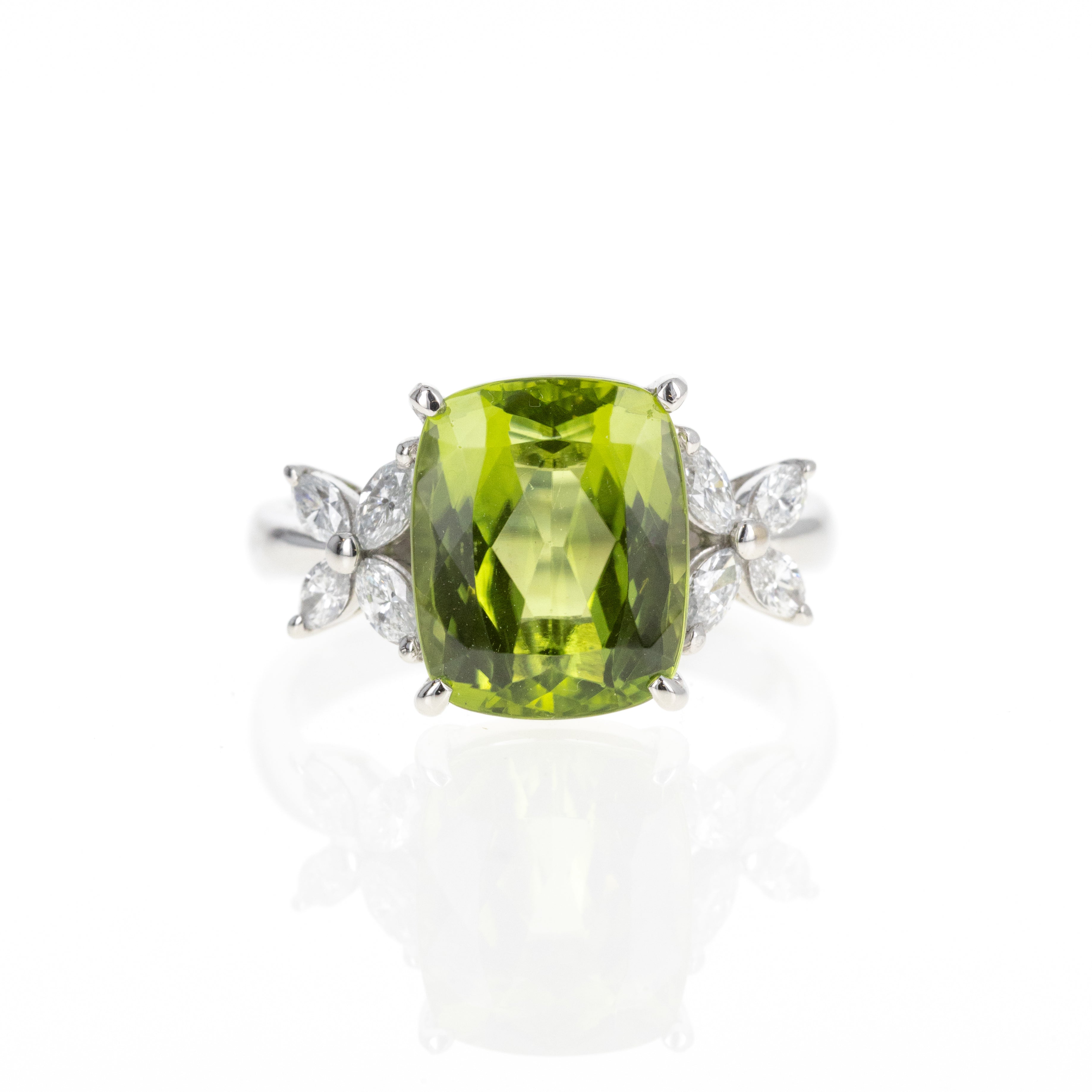 Platinum 4.57 Carat Peridot Diamond Floral Ring - Queen May