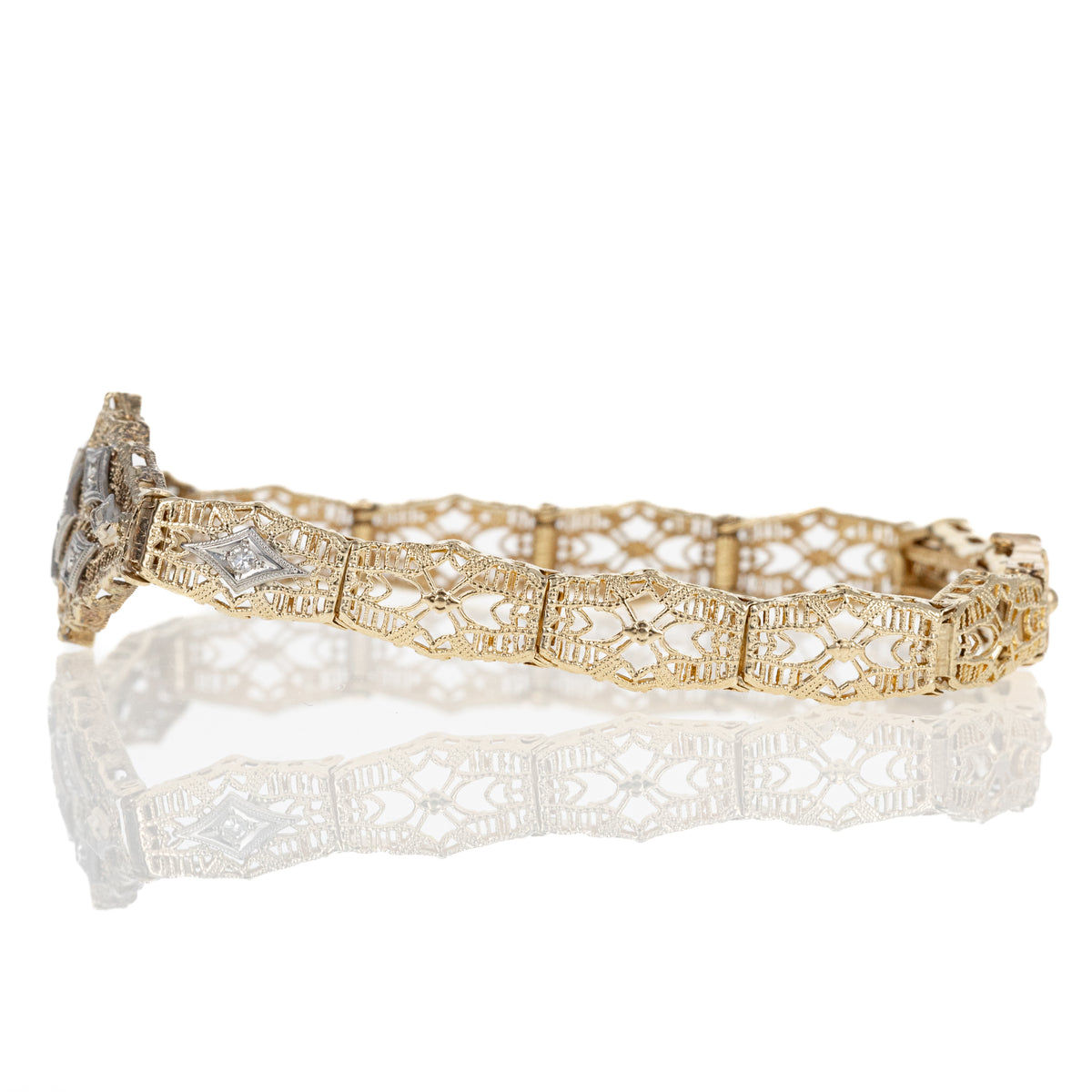 14K Yellow and White Gold Filigree 0.15 Carat Diamond Bracelet - Queen May