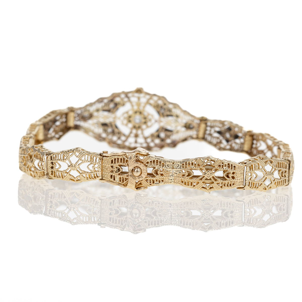 14K Yellow and White Gold Filigree 0.15 Carat Diamond Bracelet - Queen May