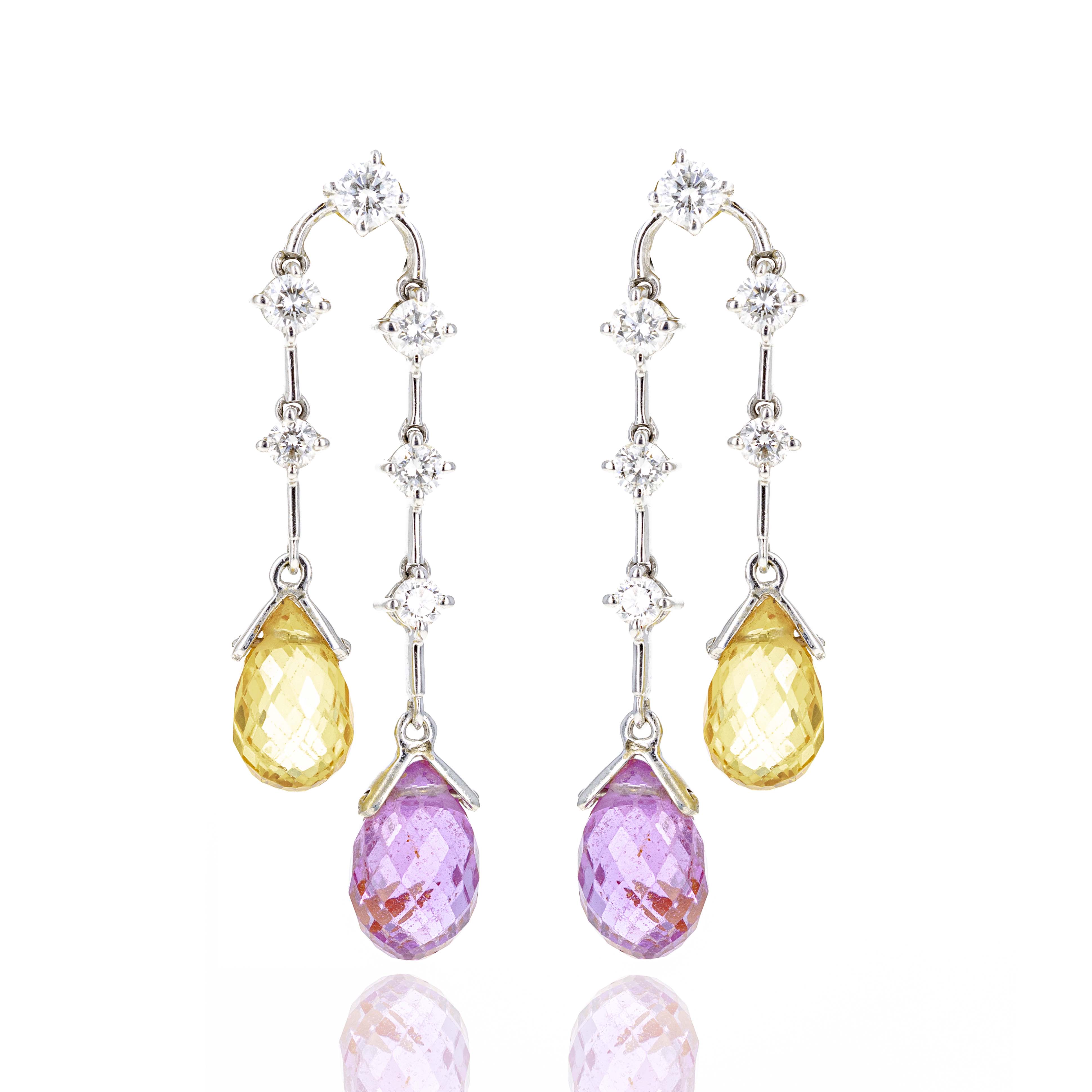 18K White Gold Pink and Yellow Briolette Sapphire Diamond Drop Earrings - Queen May