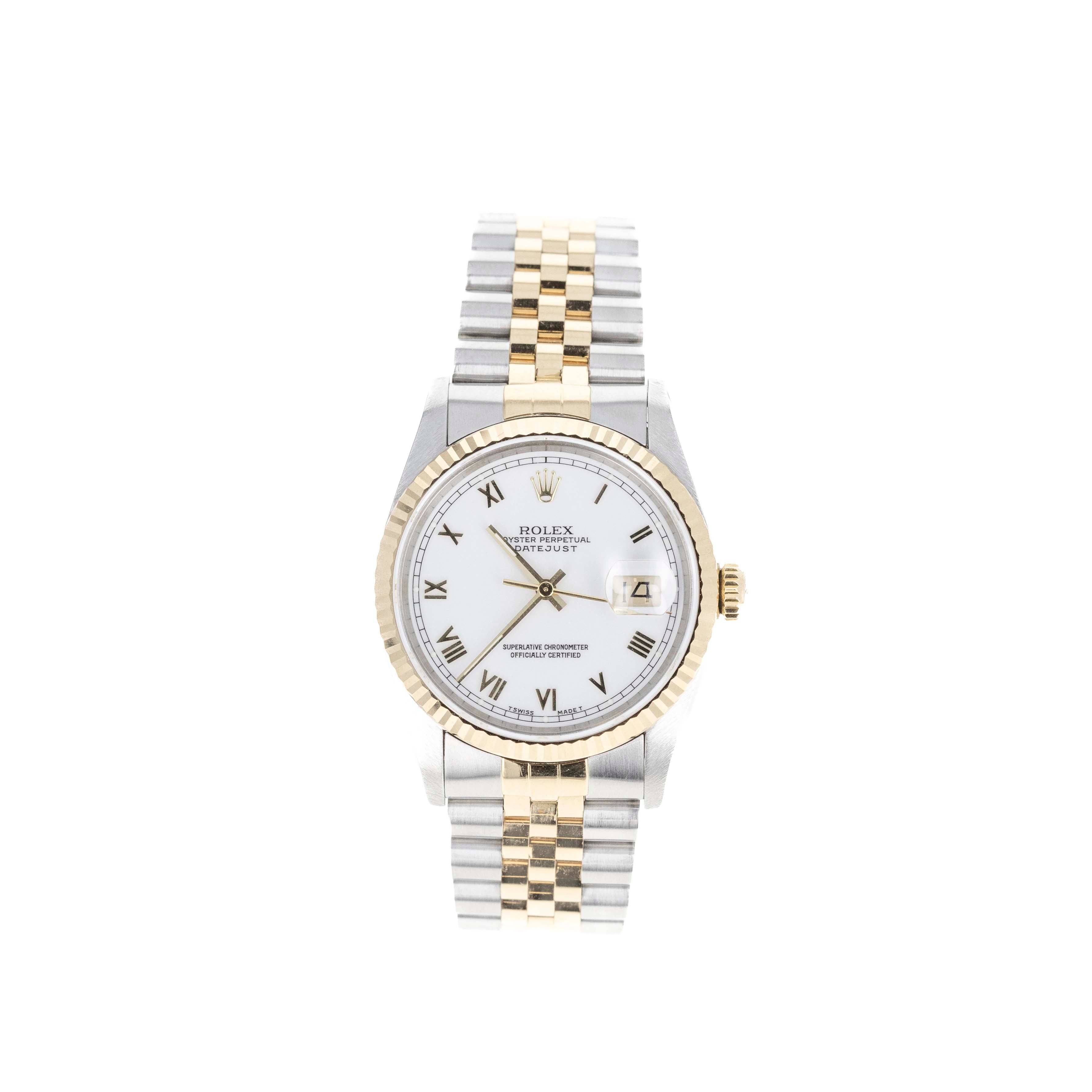 Rolex Datejust 36MM Model 16233 White Roman Numeral Dial Two Tone 18K/SS Jubilee Bracelet - Queen May