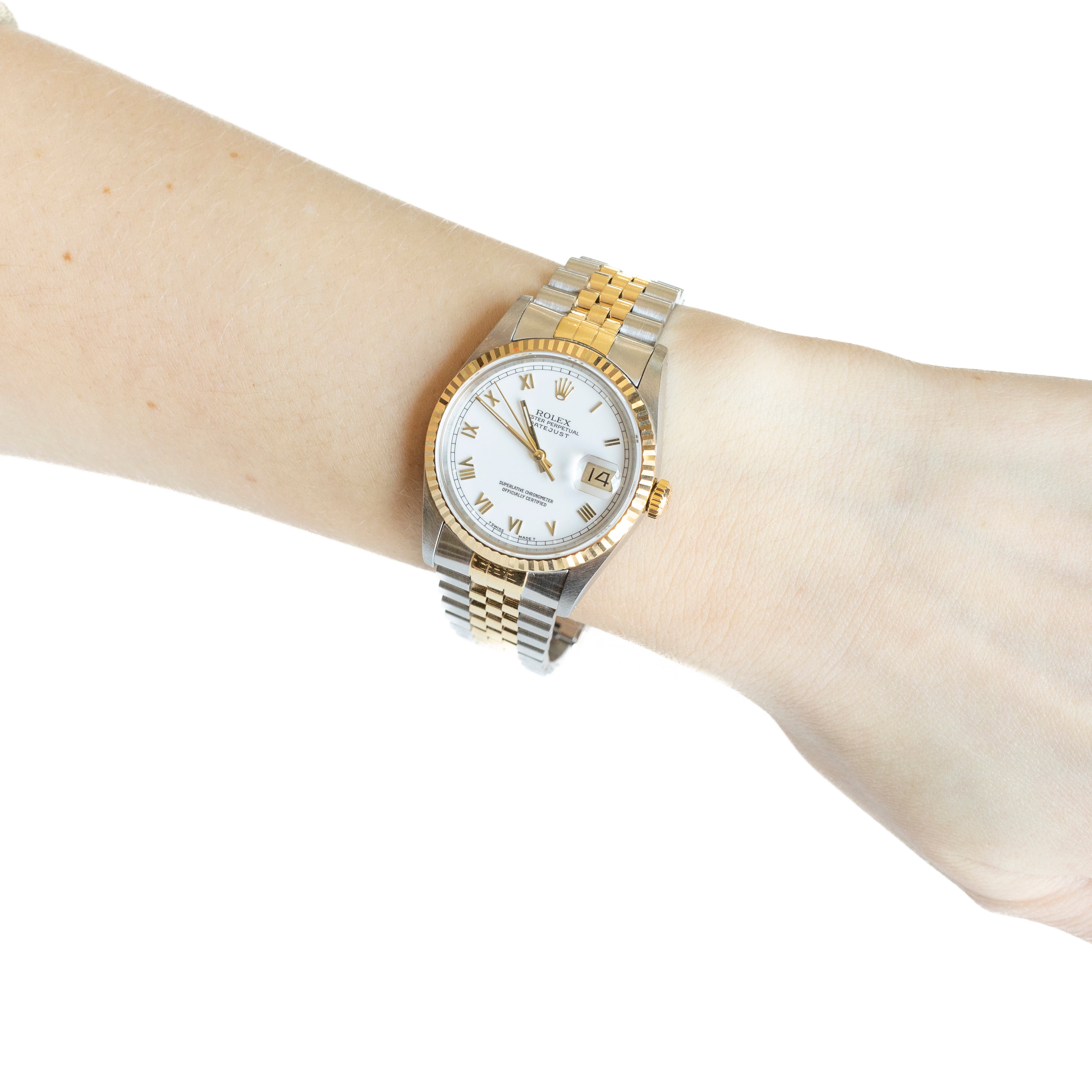 Rolex Datejust 36MM Model 16233 White Roman Numeral Dial Two Tone 18K/SS Jubilee Bracelet - Queen May