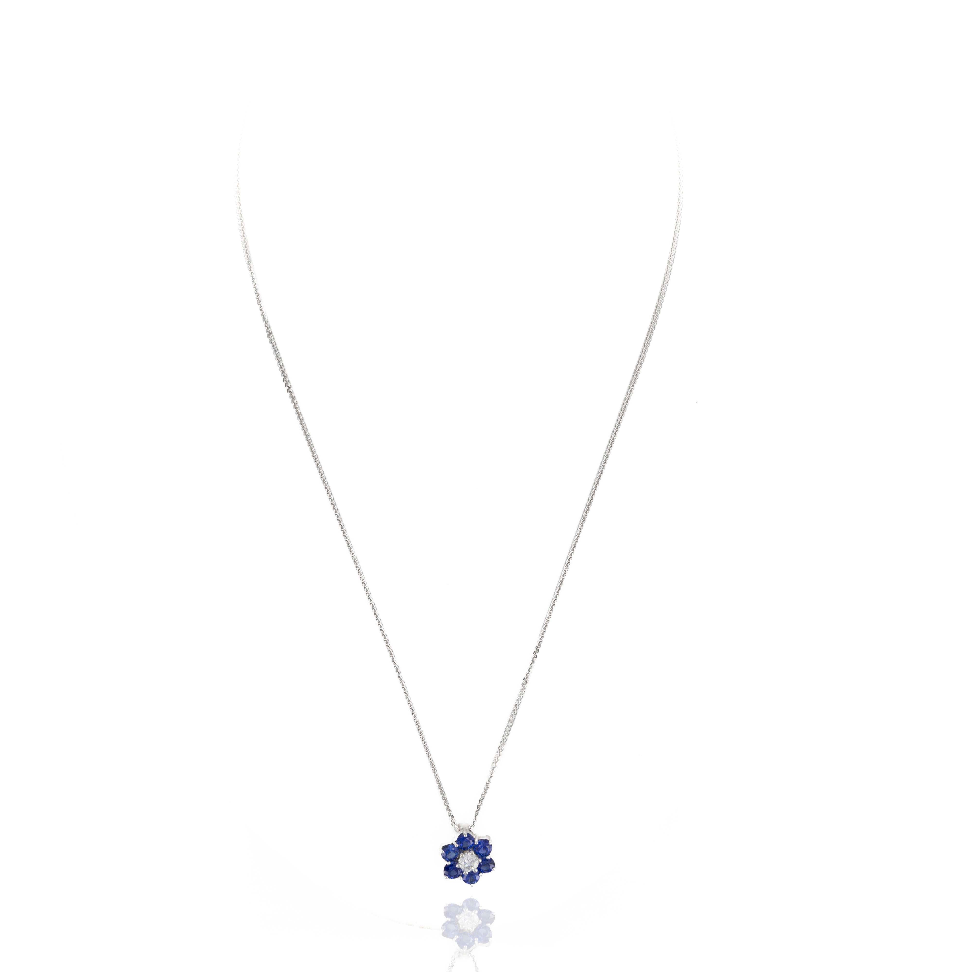 18K White Gold 1.50 Carat Sapphire Diamond Floral Pendant Necklace - Queen May
