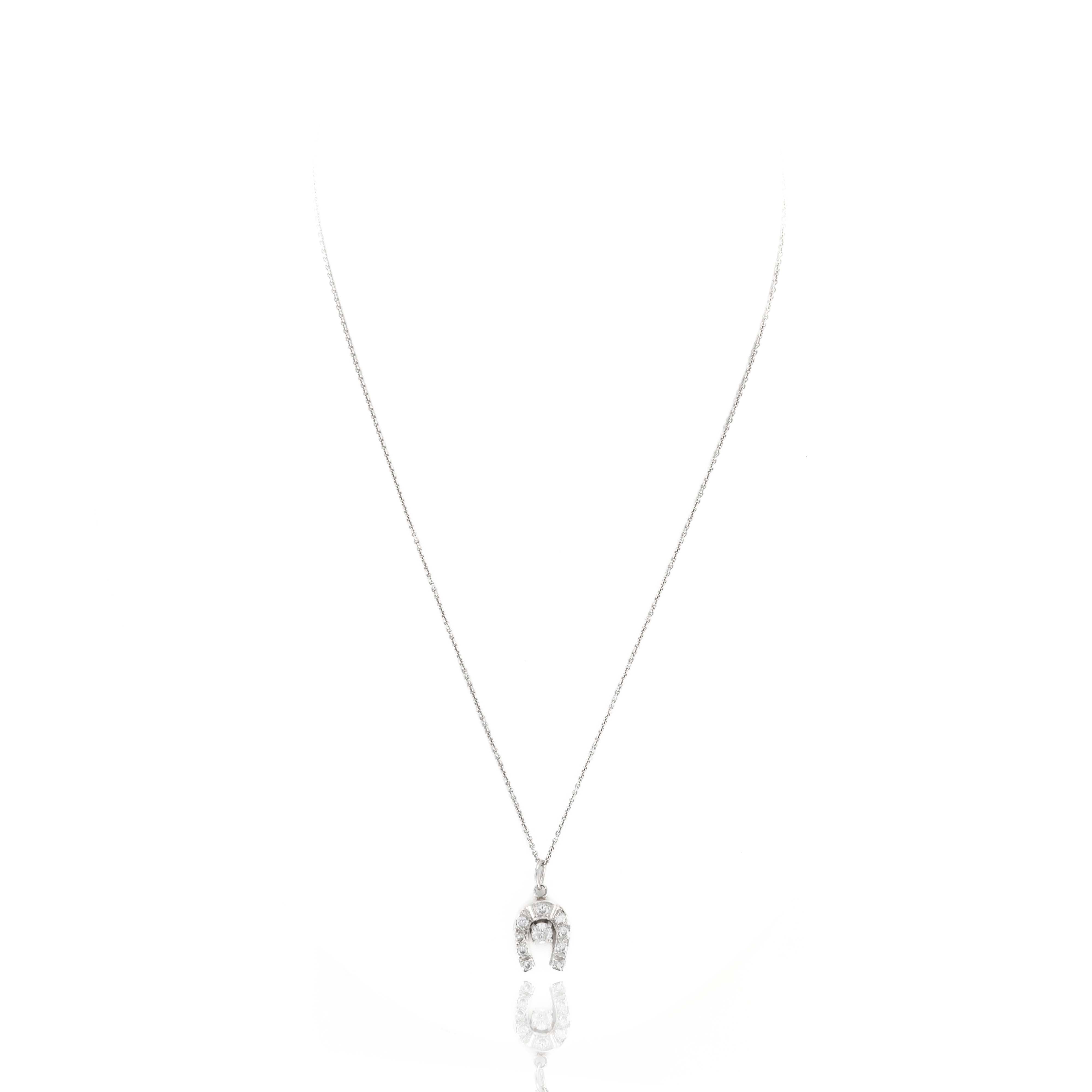 Mid Century 14K White Gold Diamond Horseshoe Pendant Necklace - Queen May