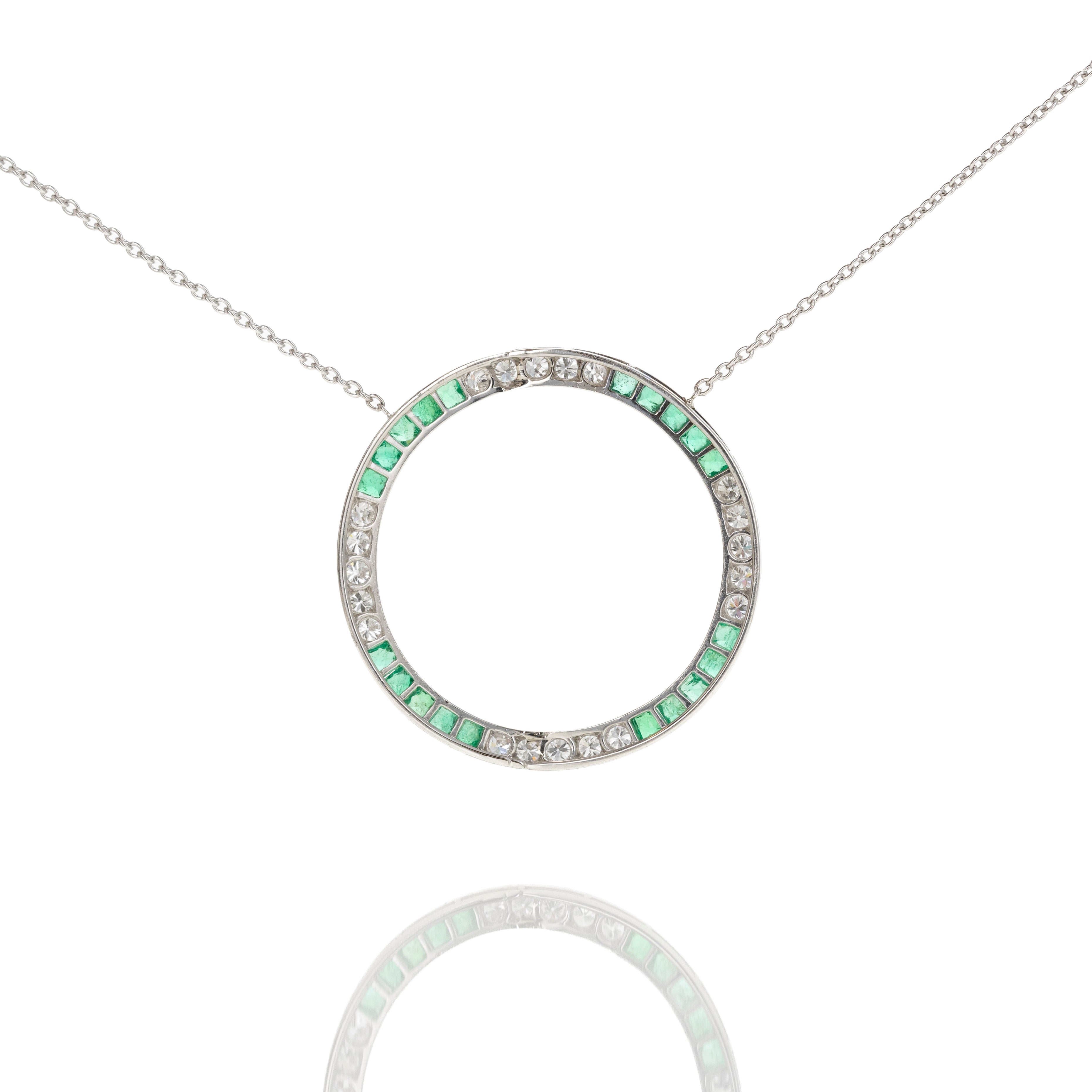 Art Deco Platinum 2 Carat Emerald and Old European Cut Diamond Pendant Necklace - Queen May