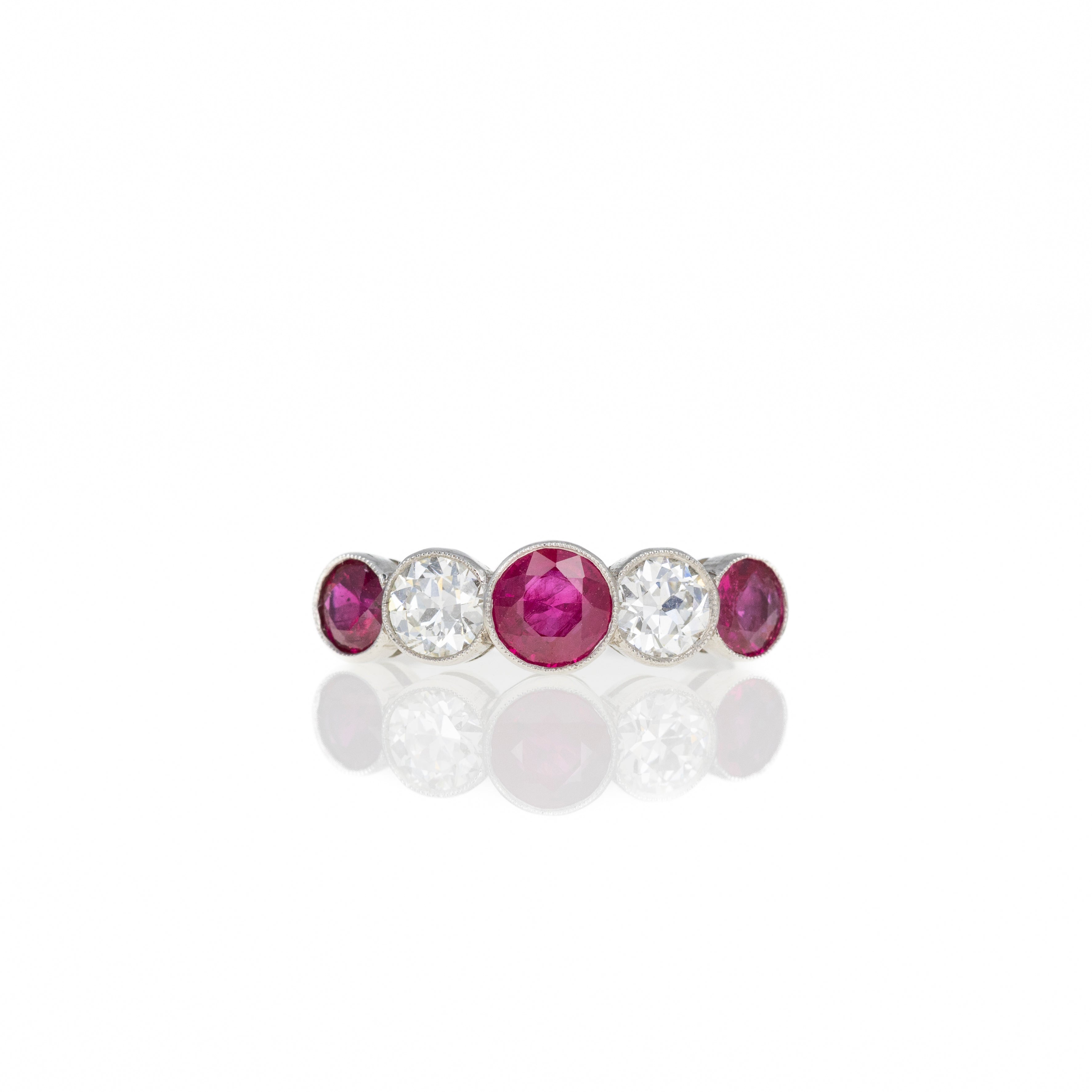Art Deco Inspired Round Natural Ruby Diamond Five Stone Bezel Ring - Queen May