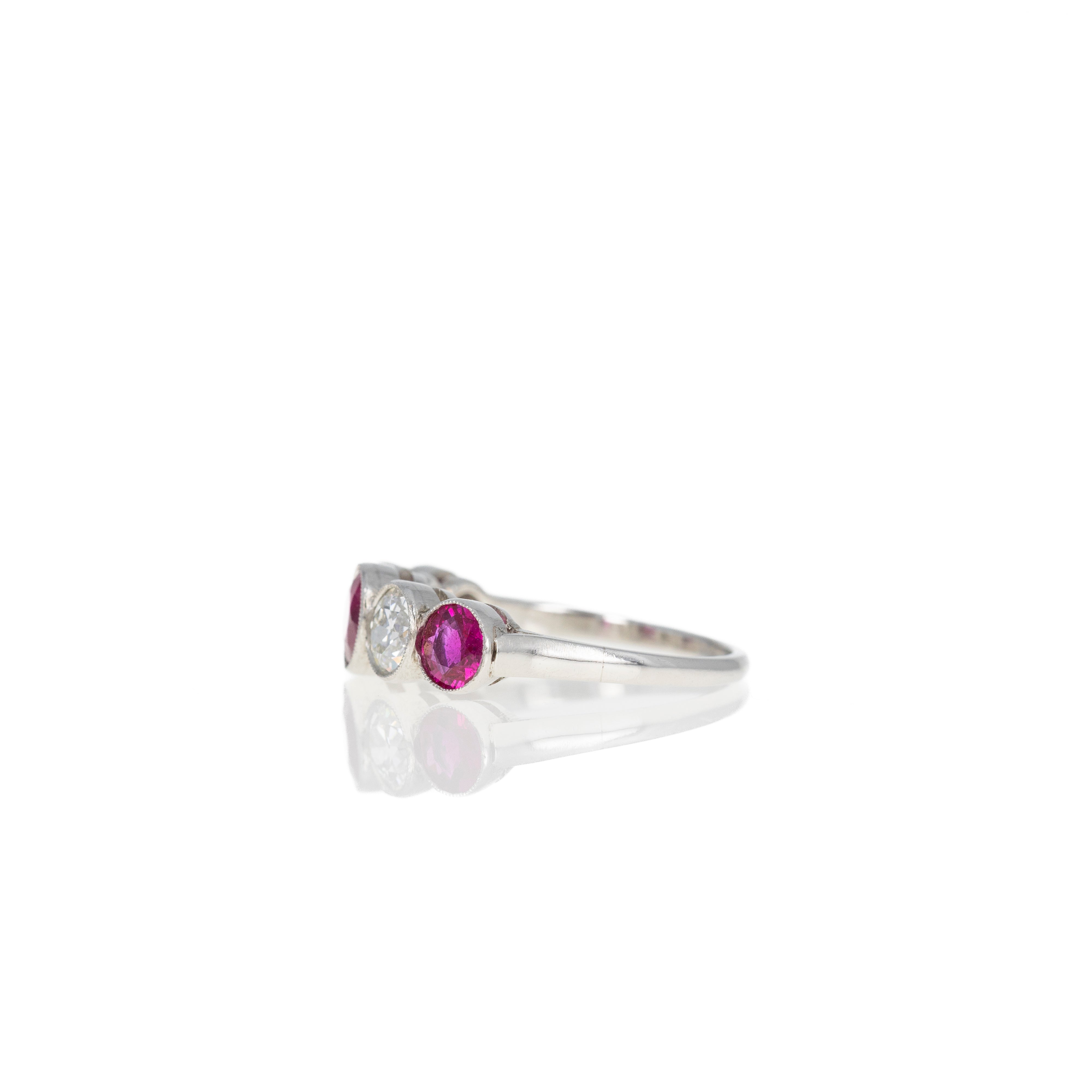 Art Deco Inspired Round Natural Ruby Diamond Five Stone Bezel Ring - Queen May