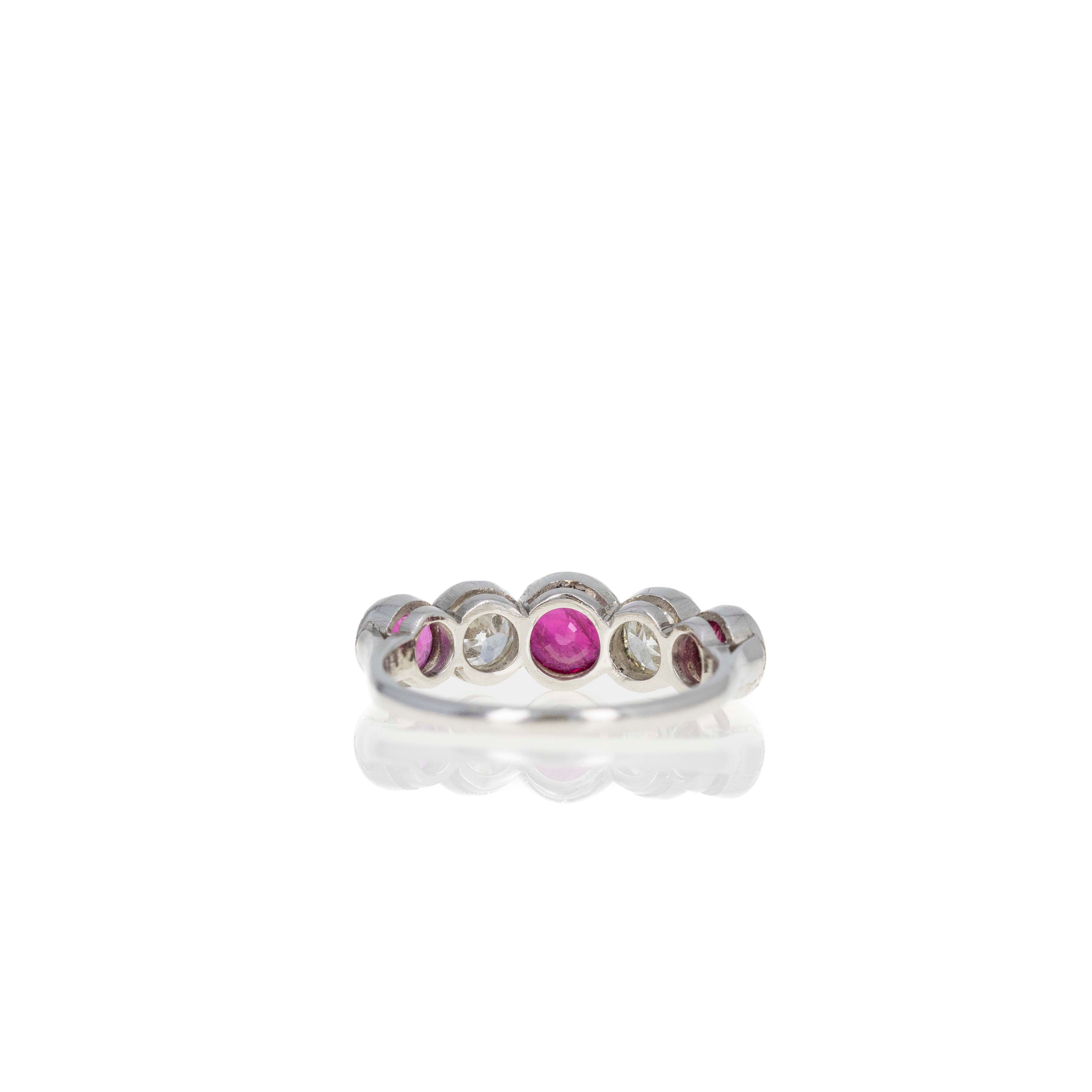 Art Deco Inspired Round Natural Ruby Diamond Five Stone Bezel Ring - Queen May