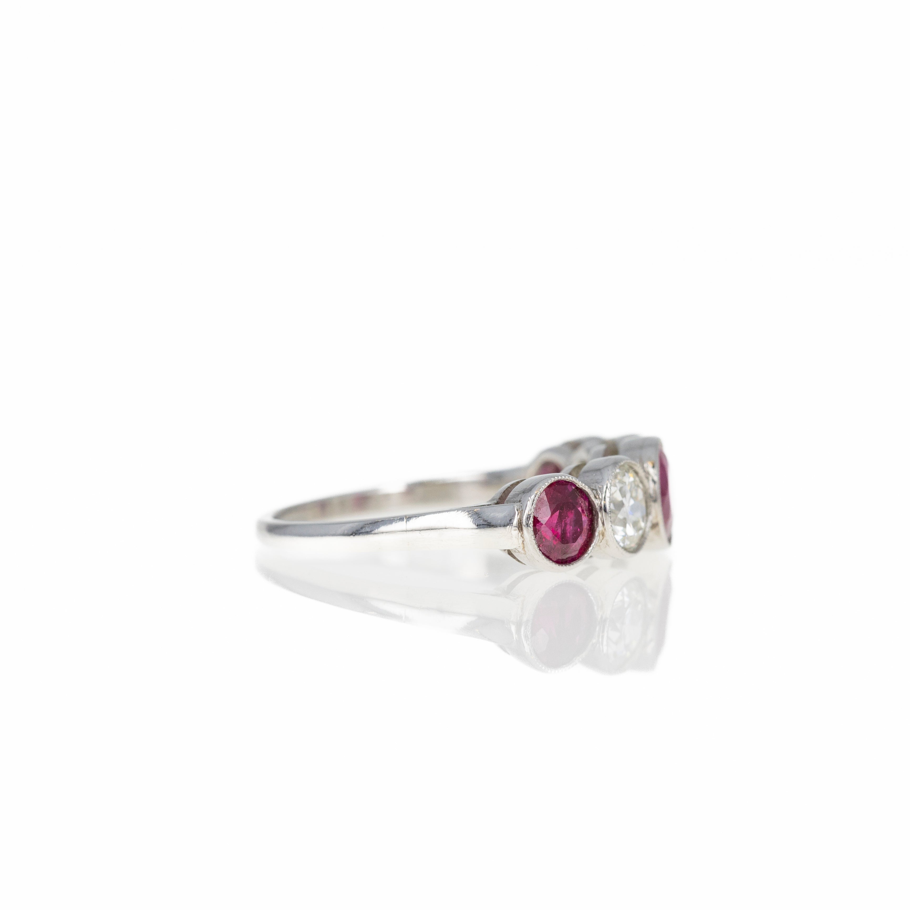 Art Deco Inspired Round Natural Ruby Diamond Five Stone Bezel Ring - Queen May