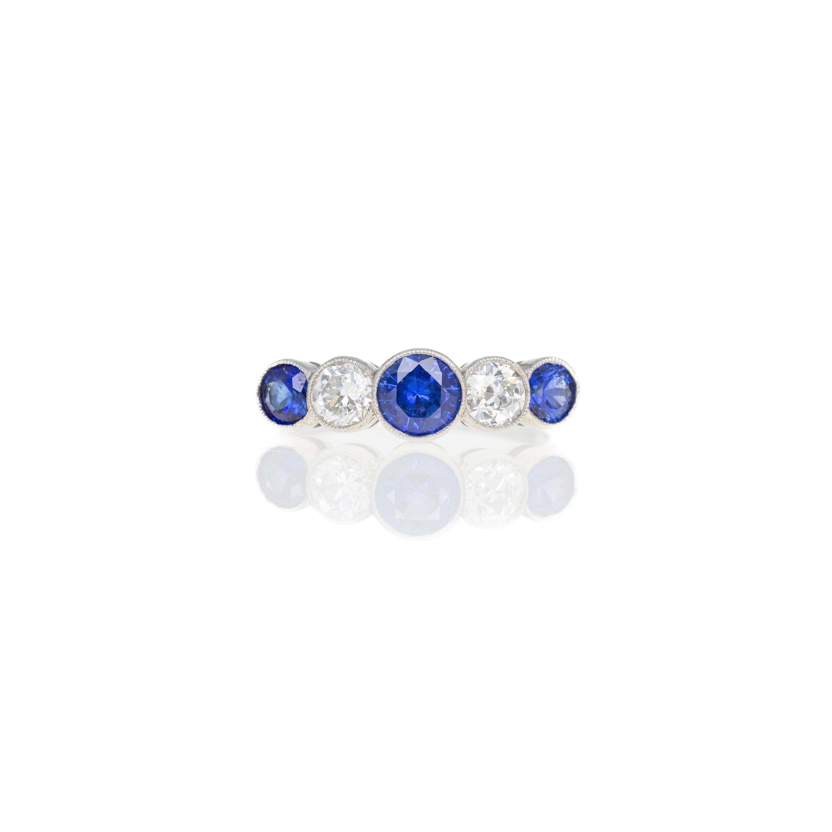 Art Deco Inspired Round Natural Sapphire Diamond Five Stone Bezel Ring - Queen May