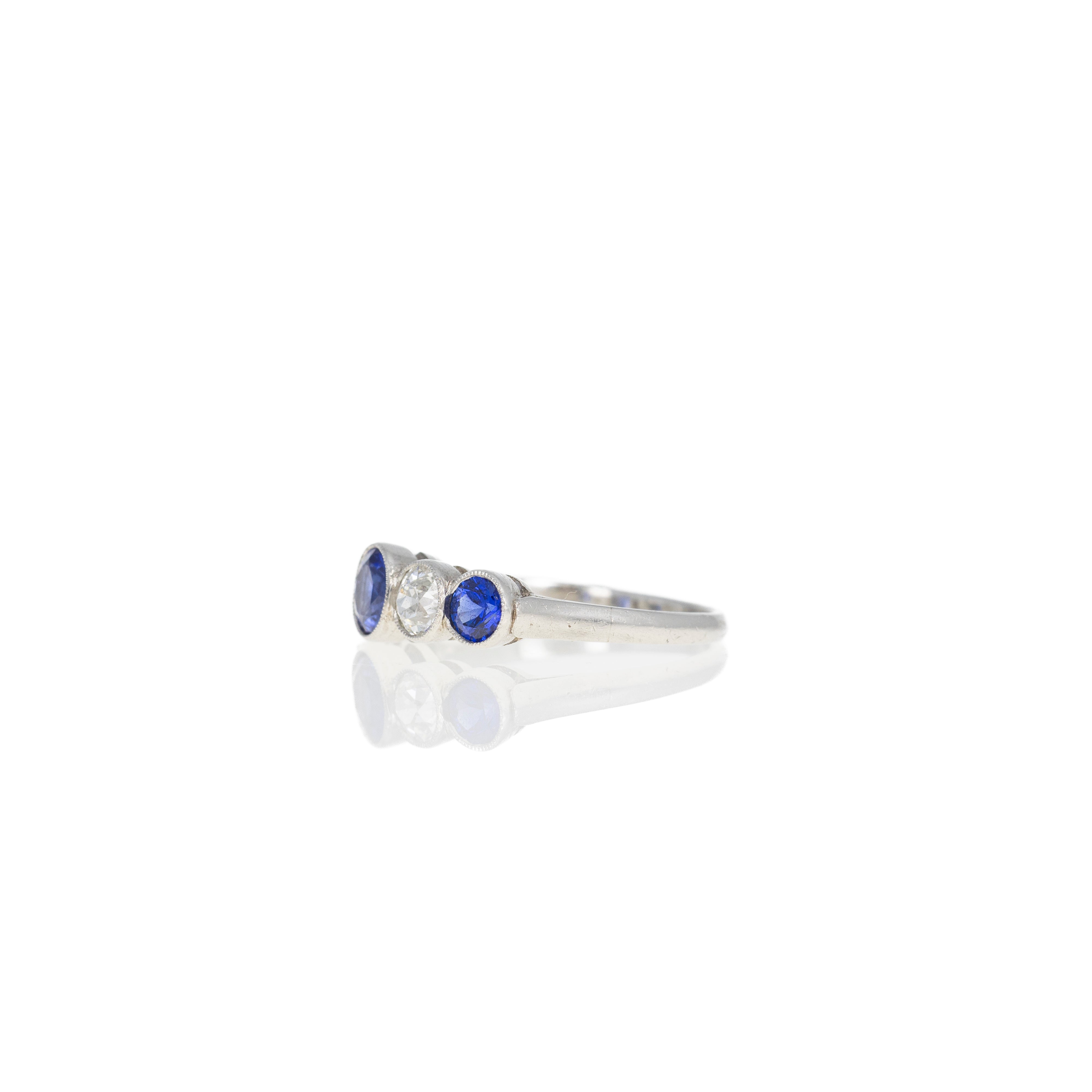 Art Deco Inspired Round Natural Sapphire Diamond Five Stone Bezel Ring - Queen May