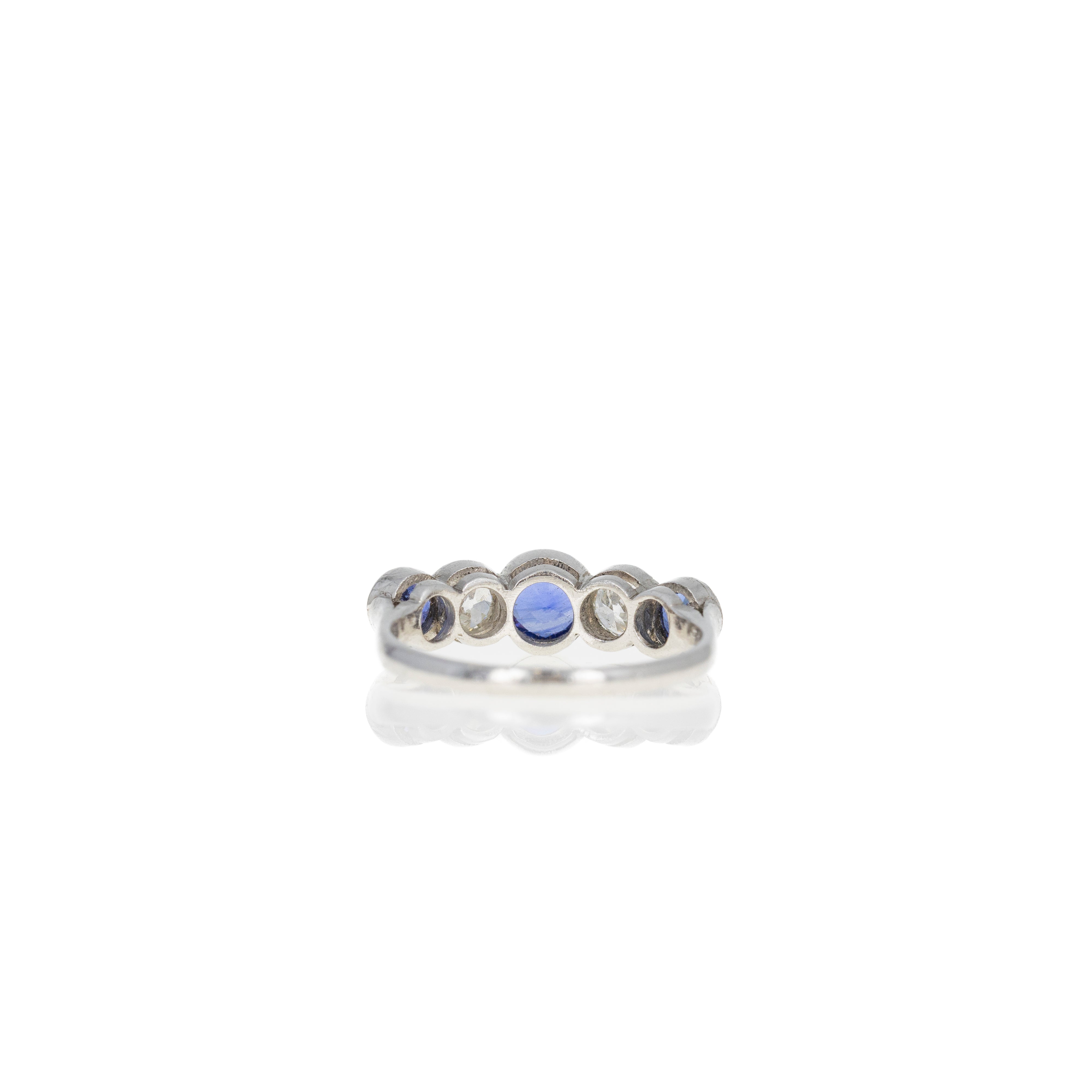 Art Deco Inspired Round Natural Sapphire Diamond Five Stone Bezel Ring - Queen May