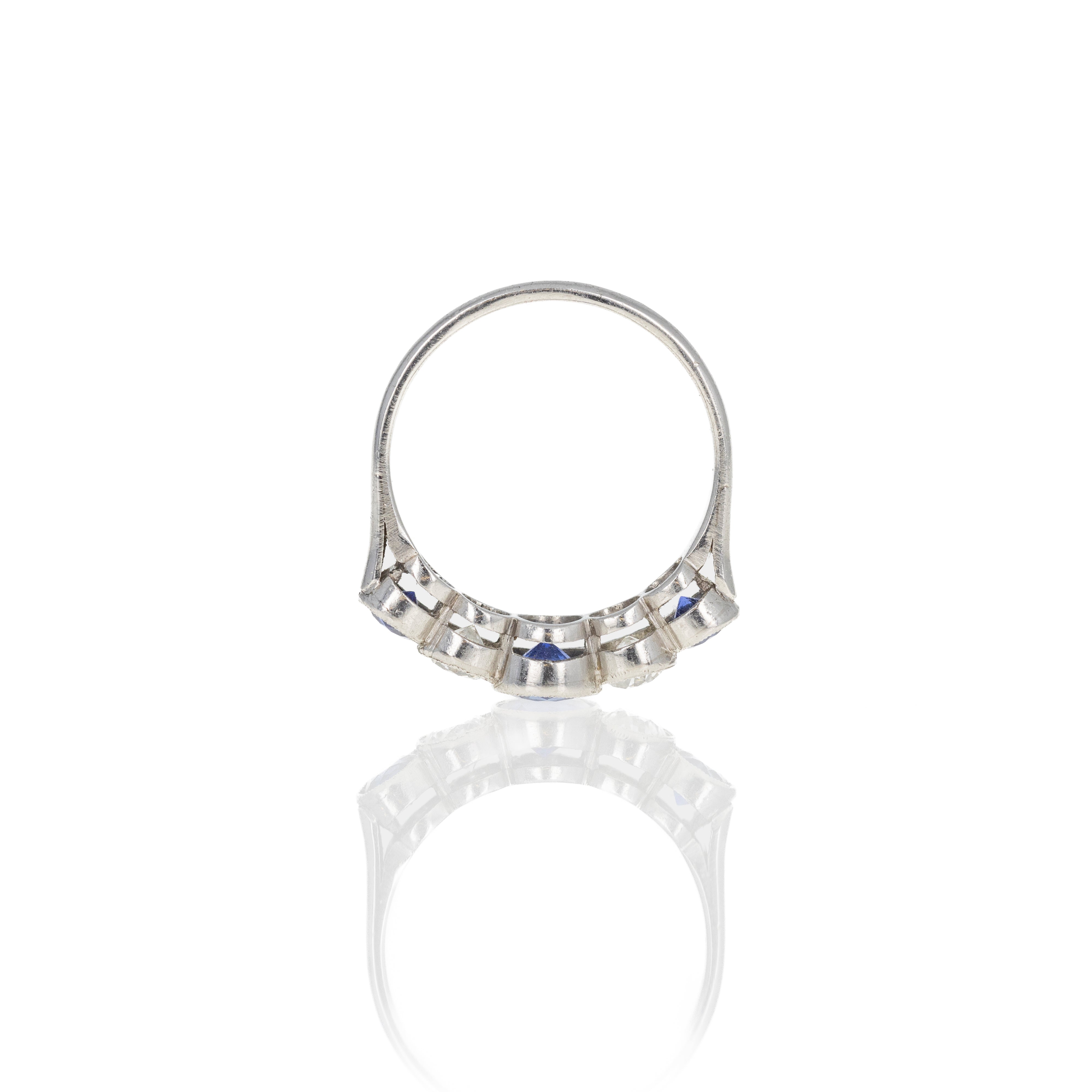Art Deco Inspired Round Natural Sapphire Diamond Five Stone Bezel Ring - Queen May