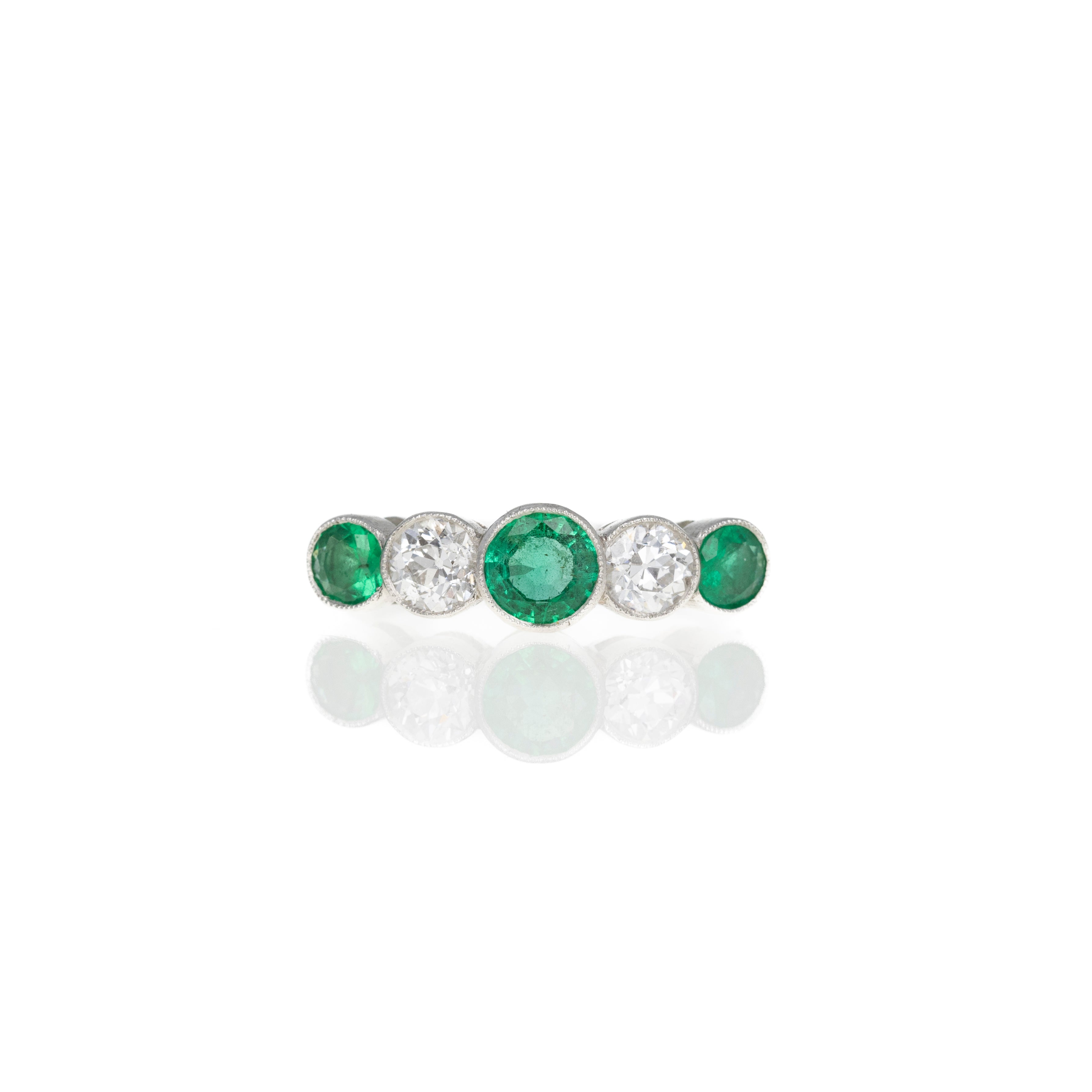 Art Deco Inspired Round Natural Emerald Diamond Five Stone Bezel Ring - Queen May