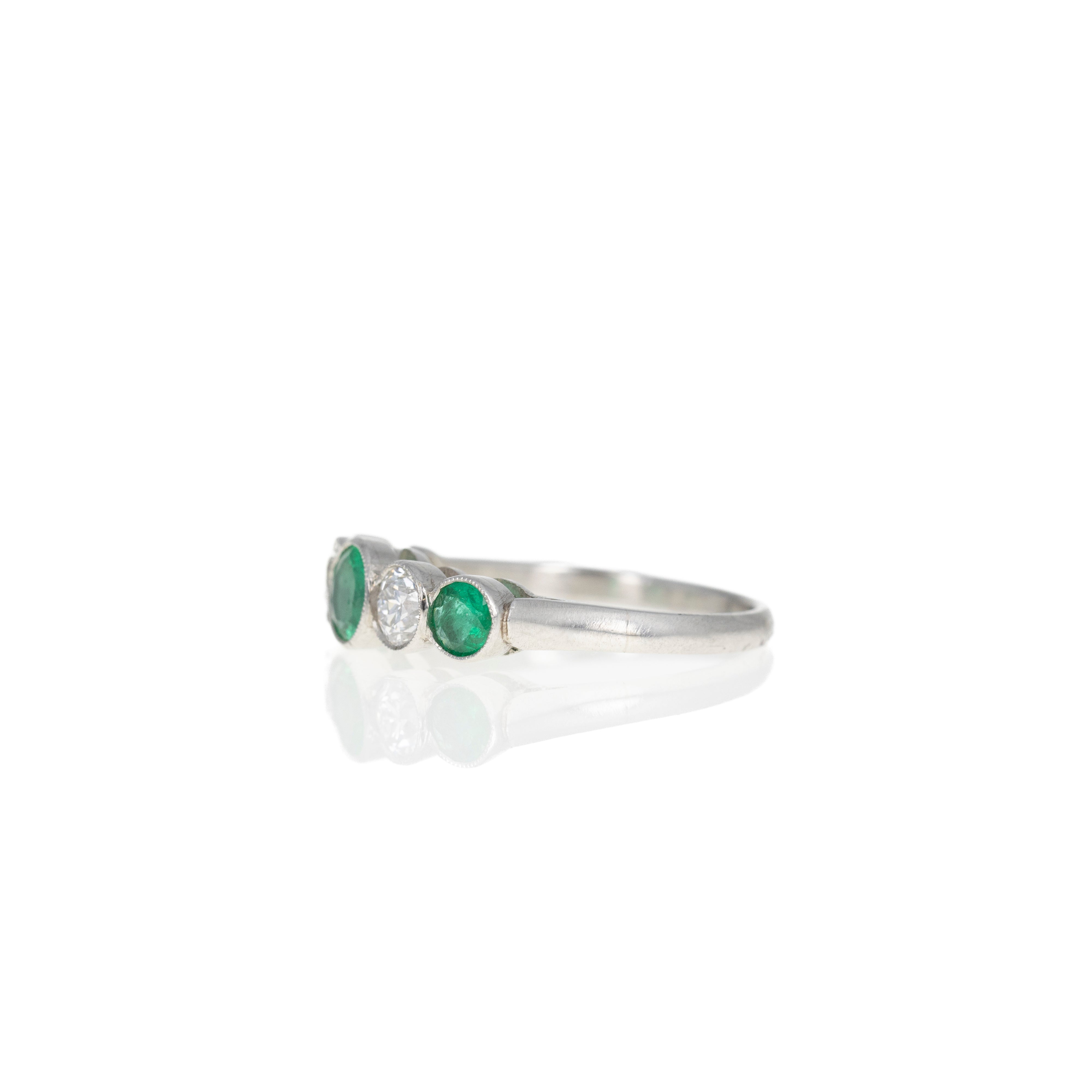 Art Deco Inspired Round Natural Emerald Diamond Five Stone Bezel Ring - Queen May