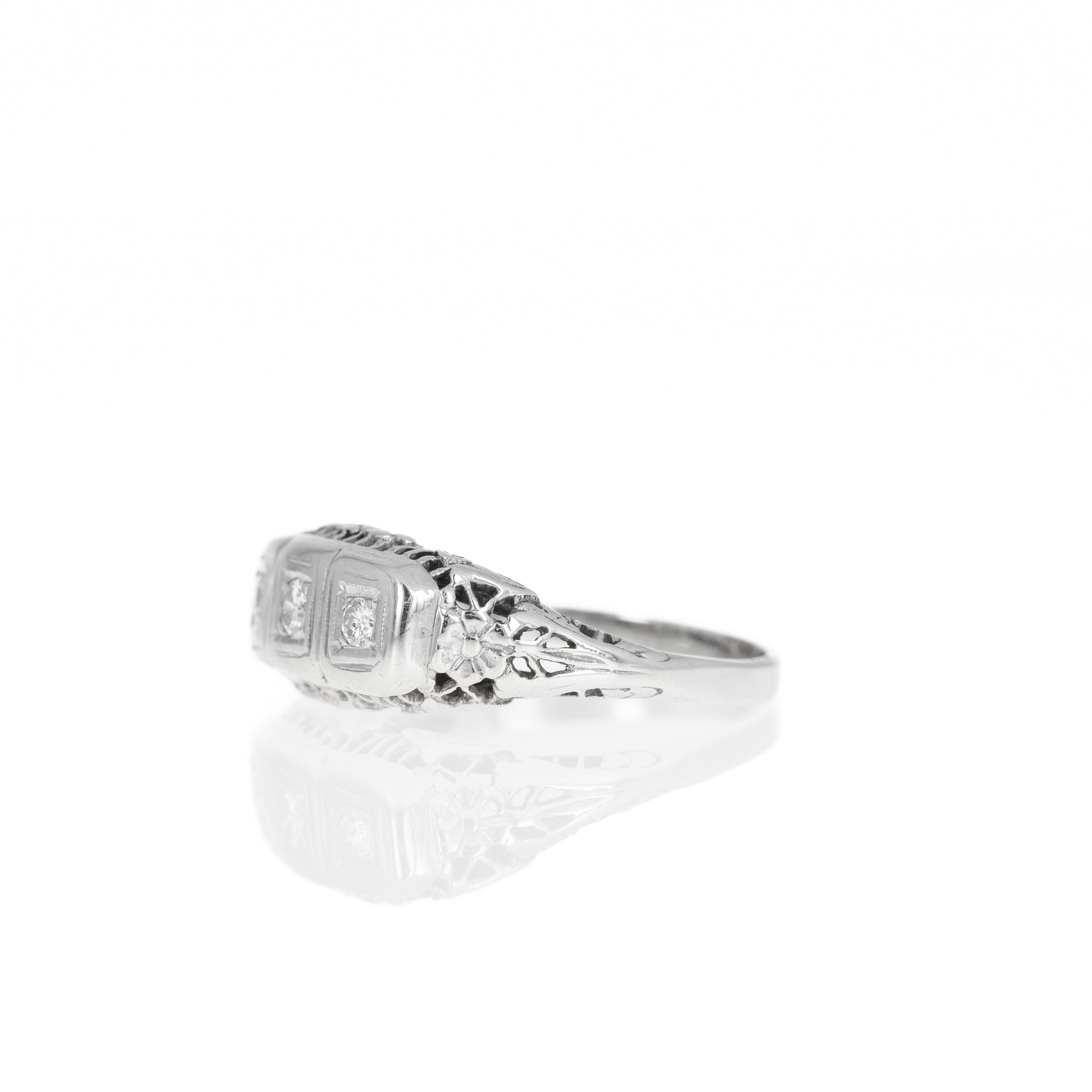 Art Deco 14K White Gold 0.15 Carat Diamond Three Stone Filigree Ring - Queen May
