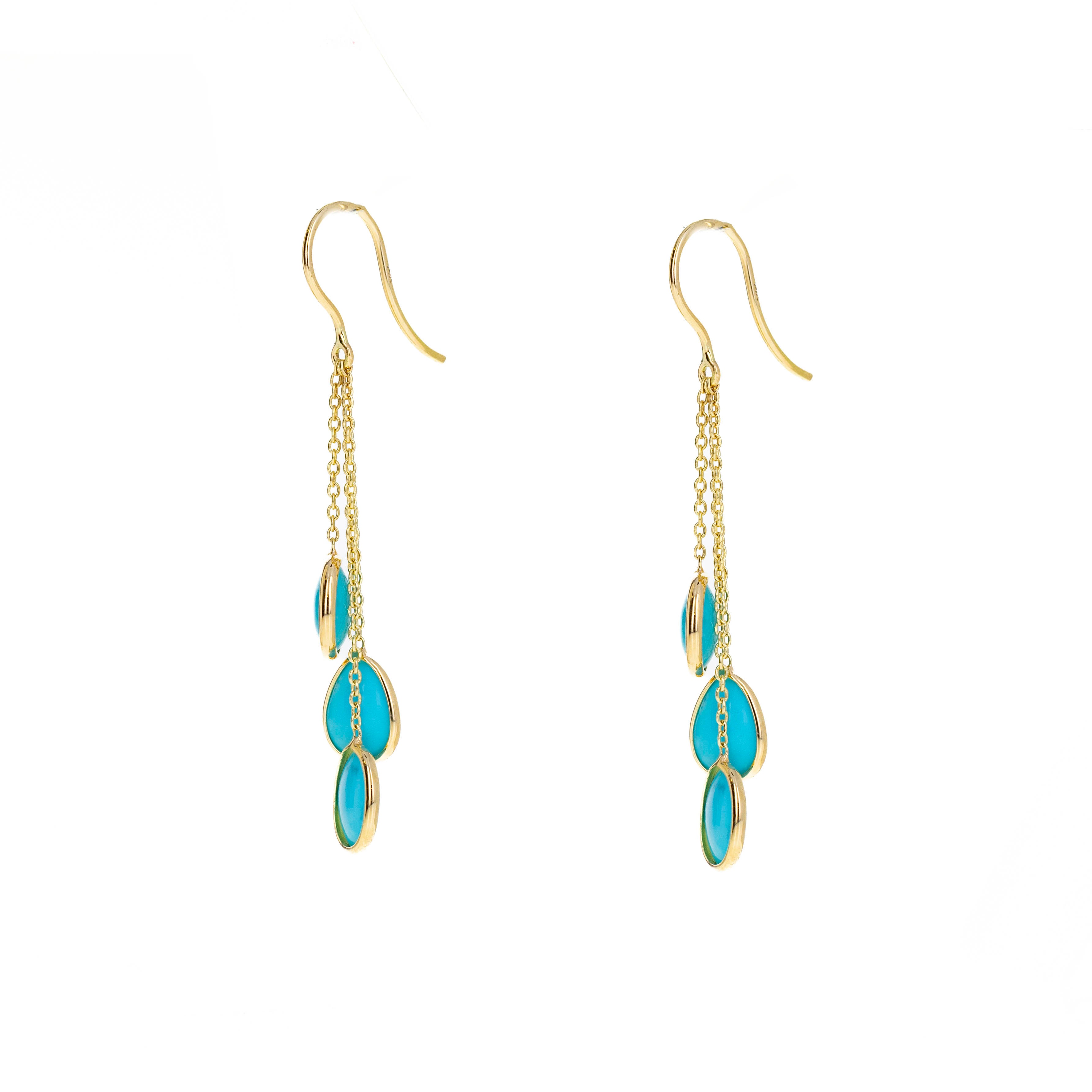 14K Yellow Gold 3.34 Carat Turquoise Bezel Chain Drop Earrings - Queen May