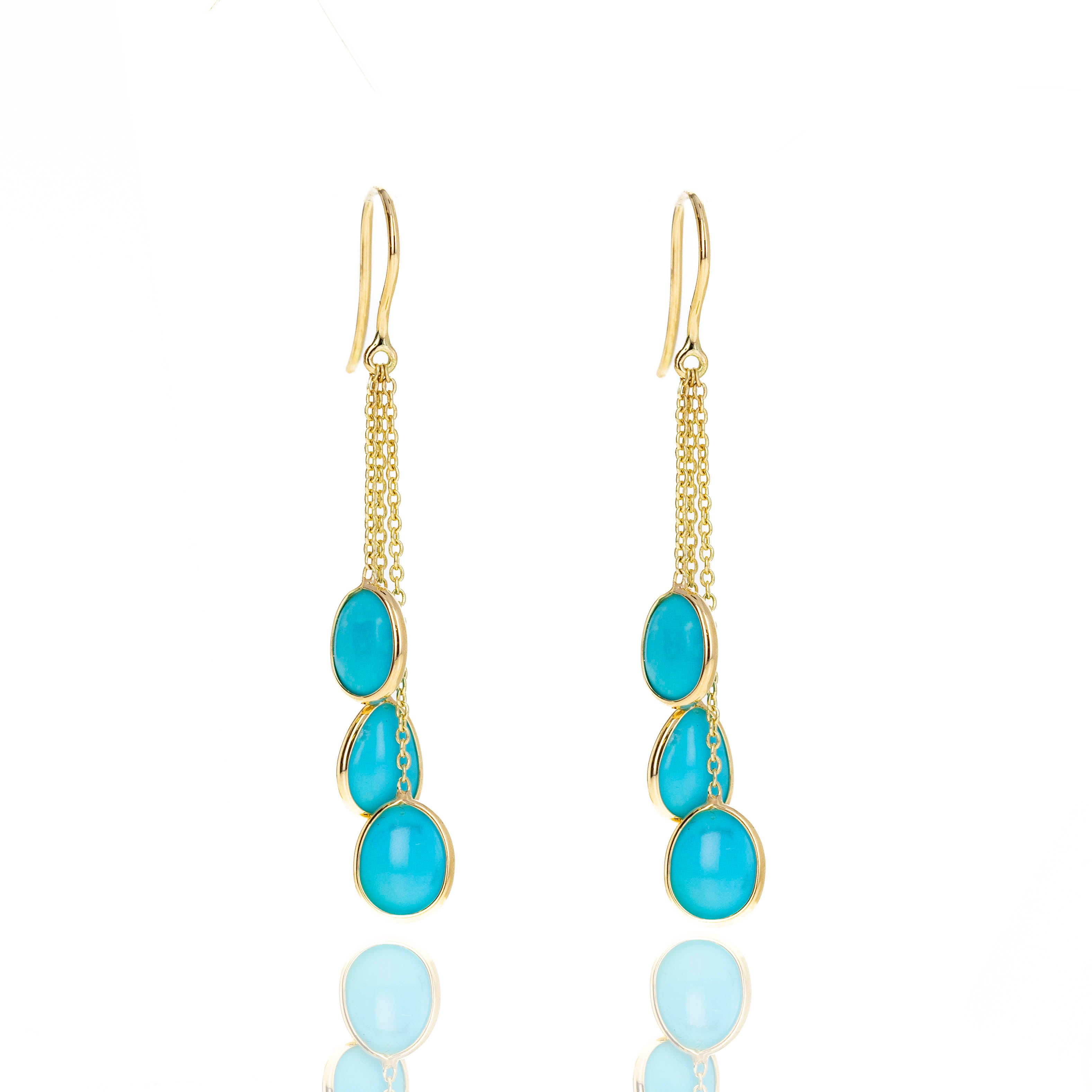 14K Yellow Gold 3.34 Carat Turquoise Bezel Chain Drop Earrings - Queen May