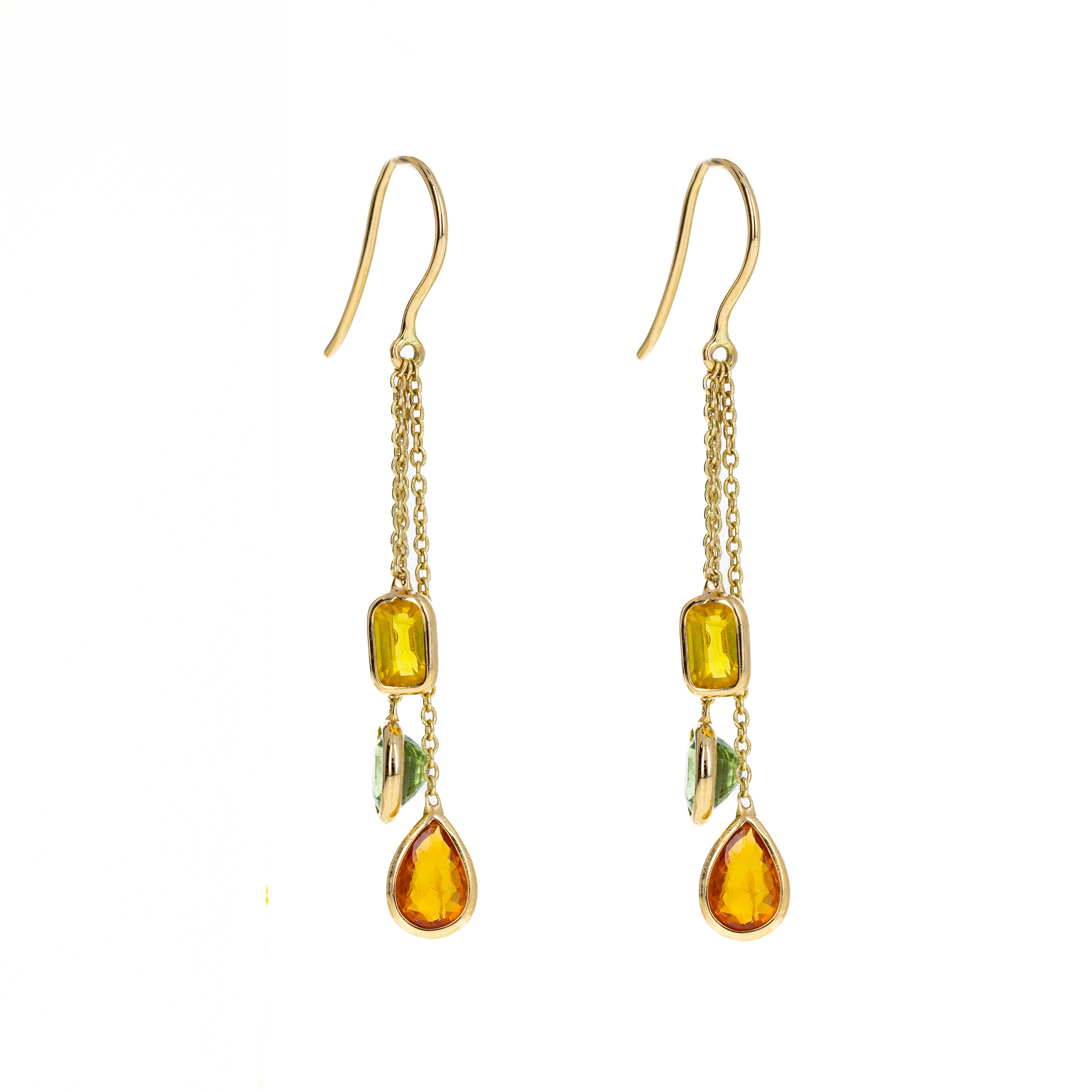 14K Yellow Gold 2.72 Carat Multi-Color Sapphire Bezel Chain Drop Earrings - Queen May