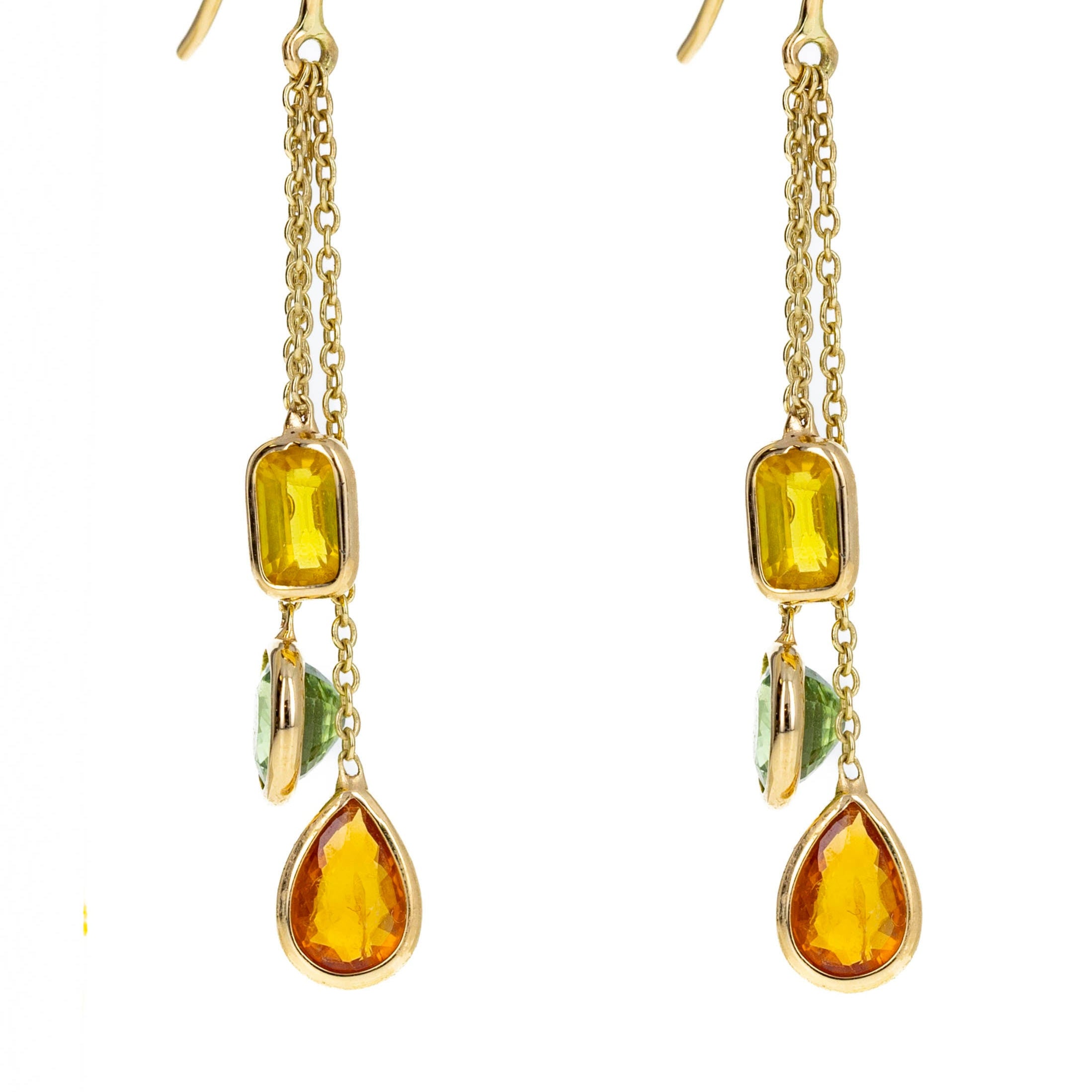 14K Yellow Gold 2.72 Carat Multi-Color Sapphire Bezel Chain Drop Earrings - Queen May