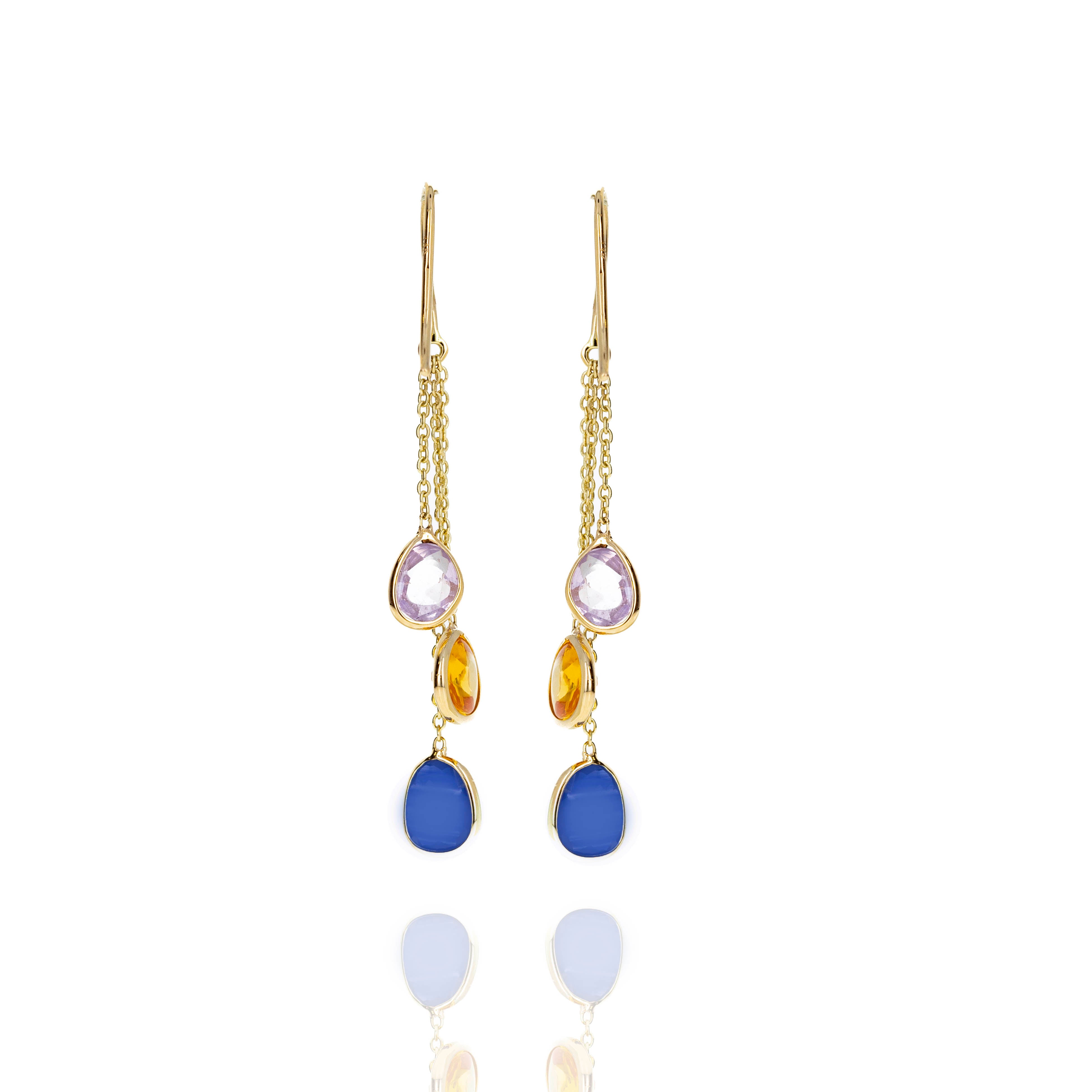 14K Yellow Gold 3.32 Carat Multi-Color Sapphire Bezel Chain Drop Earrings - Queen May