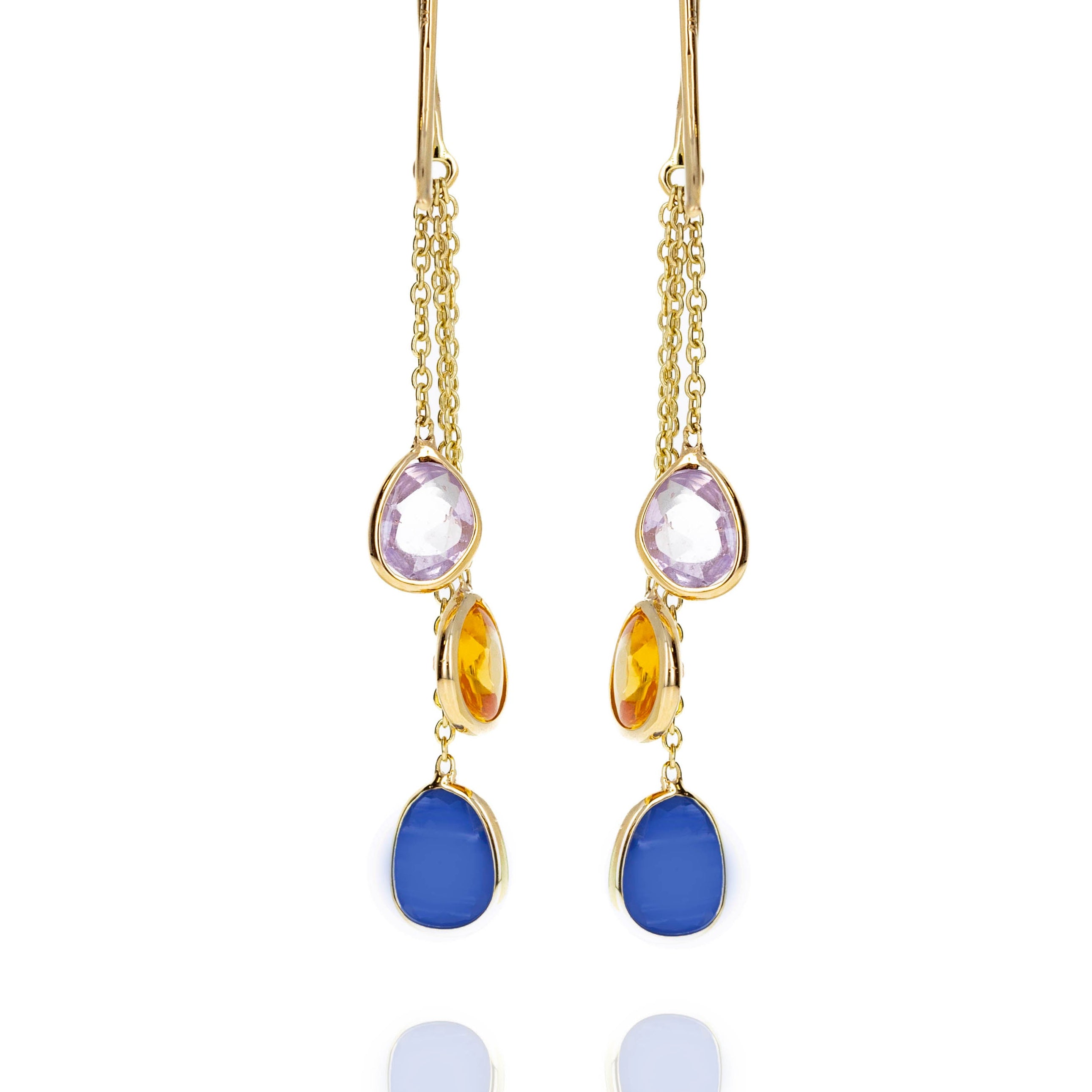 14K Yellow Gold 3.32 Carat Multi-Color Sapphire Bezel Chain Drop Earrings - Queen May