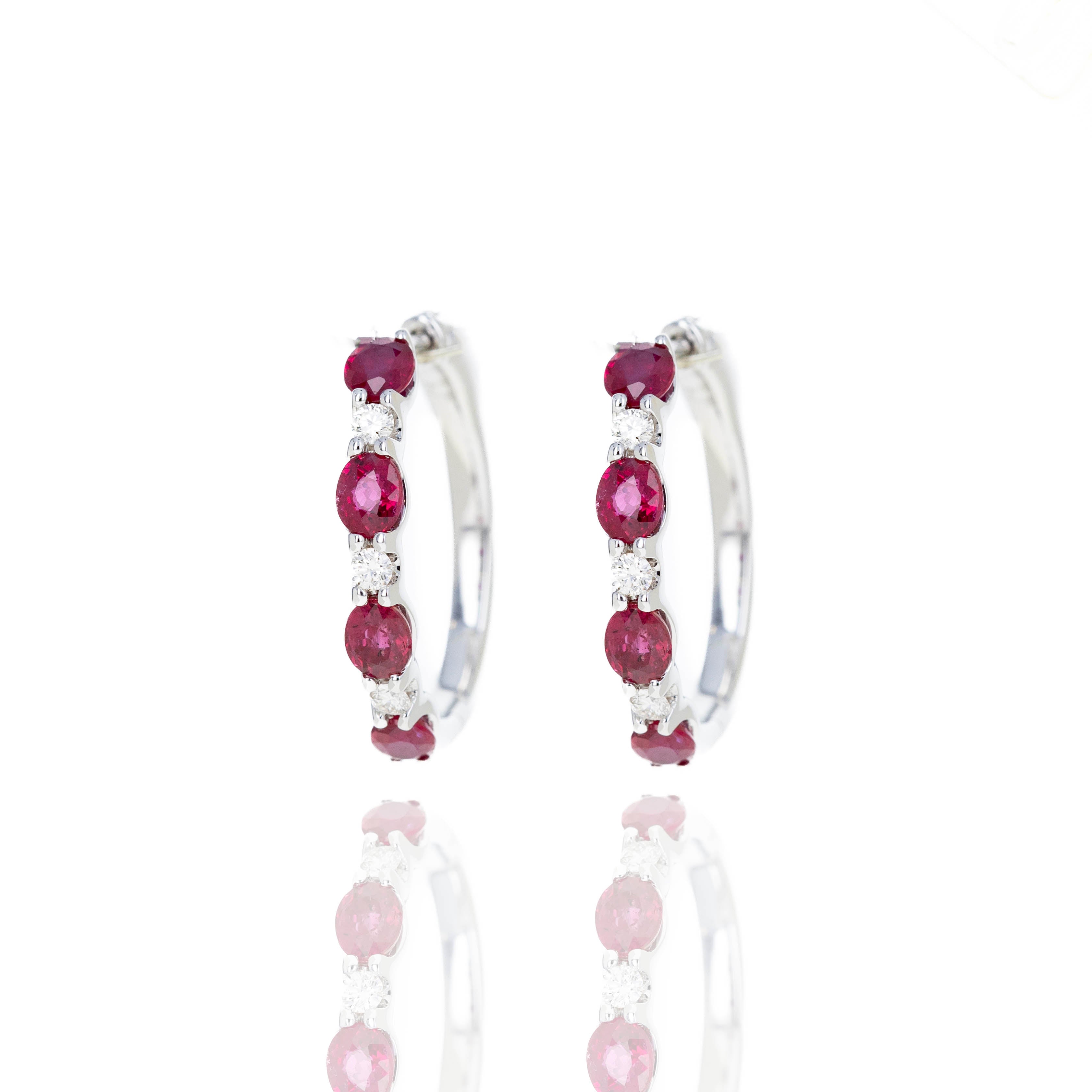 14K White Gold 1.75 Carat Ruby Diamond Station Hoop Earrings - Queen May